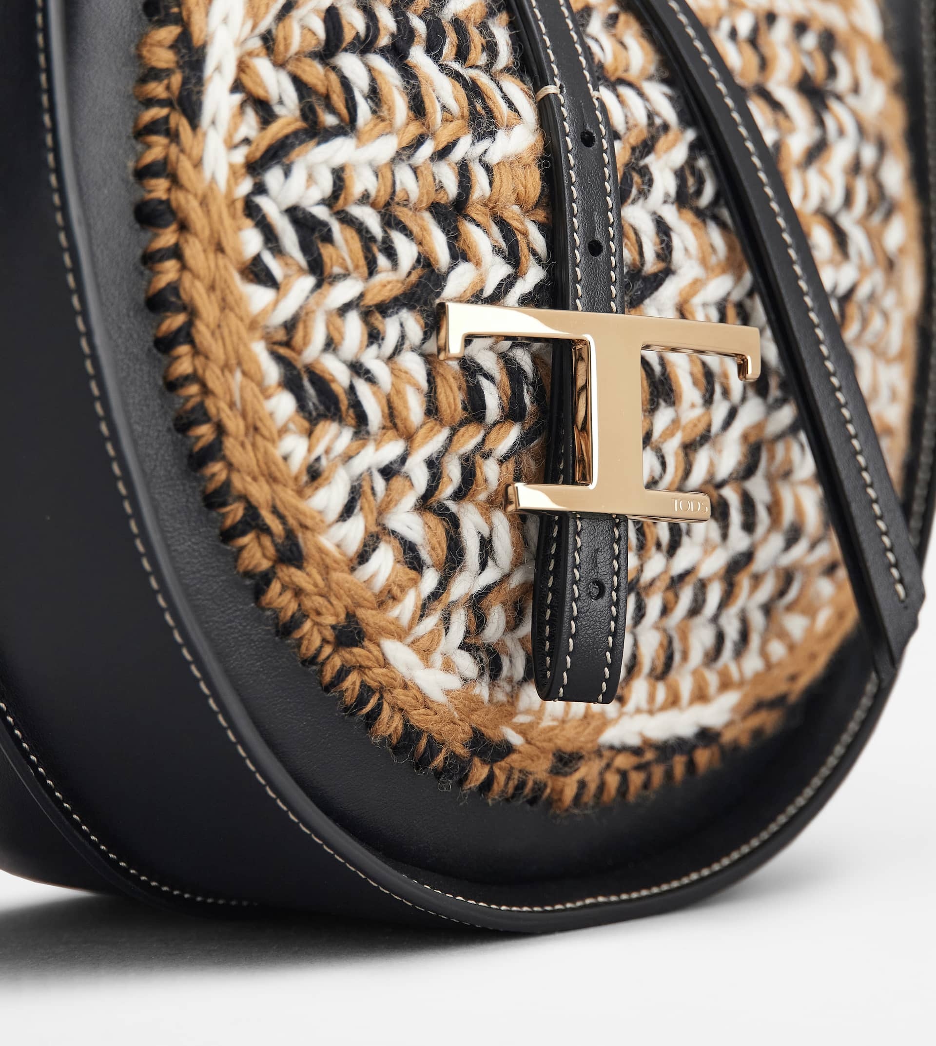 T TIMELESS HOBO BAG IN LEATHER AND WOOL SMALL - BLACK, BROWN - 5