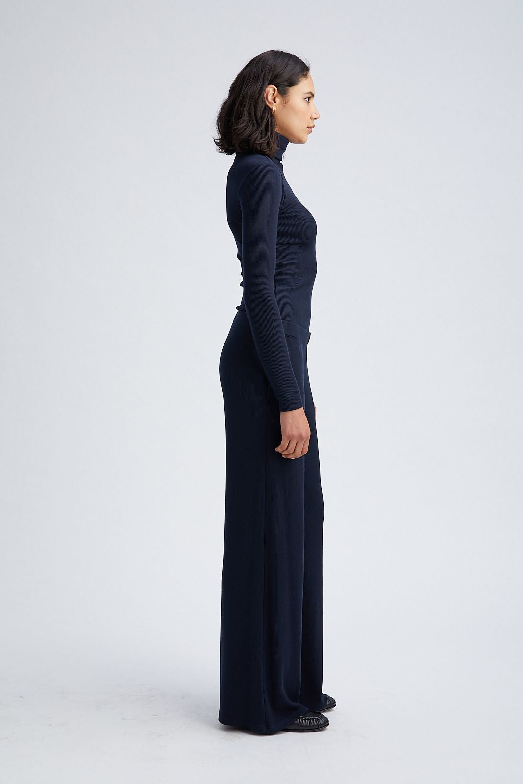 NAVY RIB WIDE LEG PANTS - 3