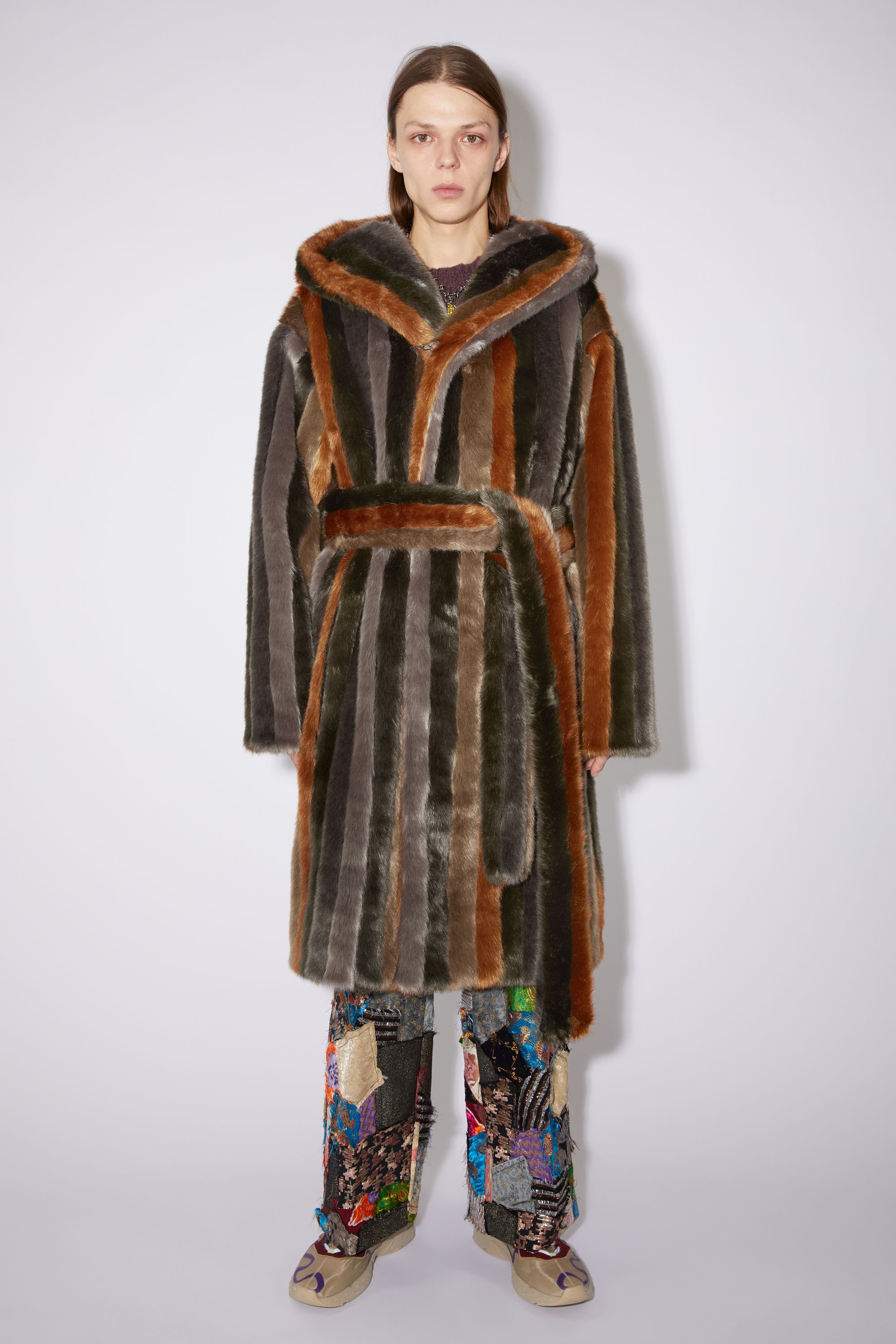 Striped furry hooded coat - Brown - 4