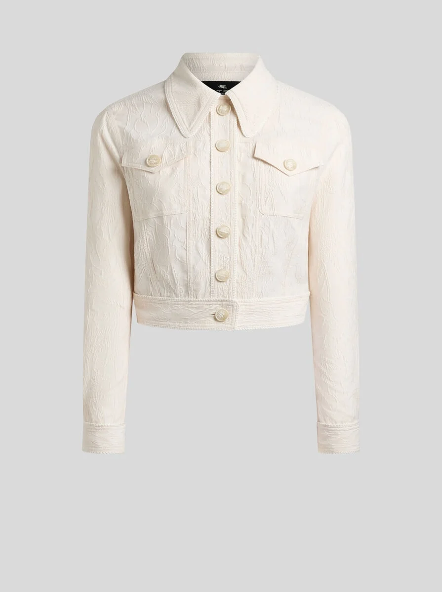 CROPPED JACKET IN STRETCH COTTON-BLEND JACQUARD WITH REBRODÉ LACE - 1