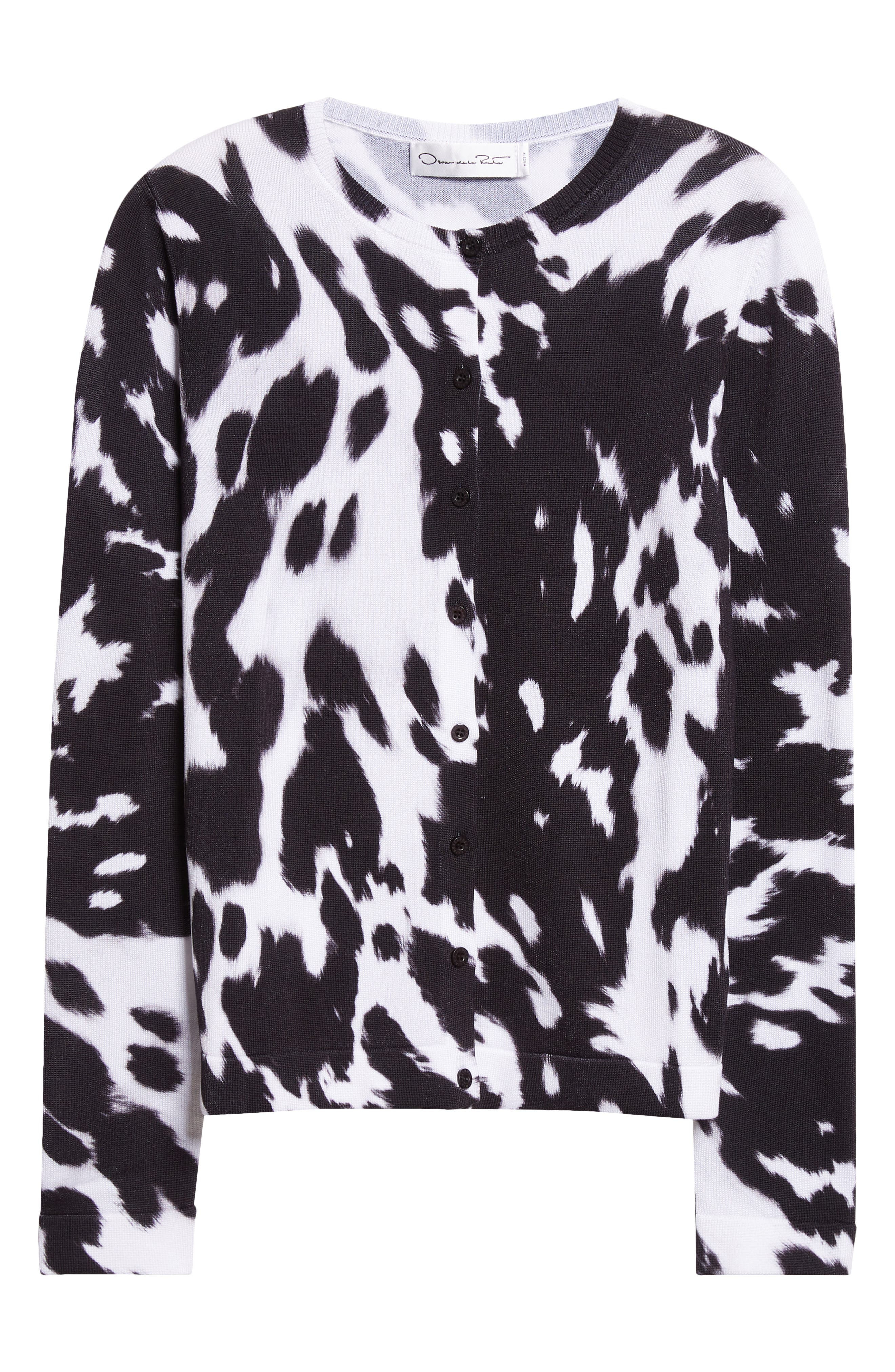 Oscar de la Renta Cow Print Cotton Blend Cardigan in Black/Ivory at Nordstrom - 5