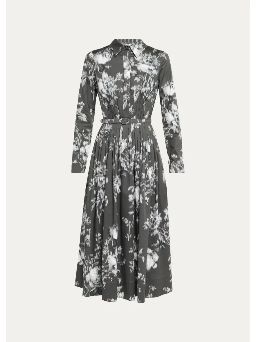 Chine Peony Print Cotton Belted Midi Shirtdress - 1