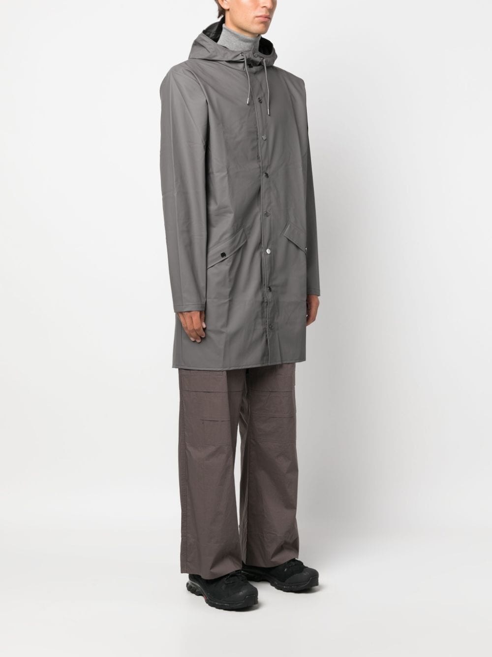 hooded stud-fastening raincoat - 4
