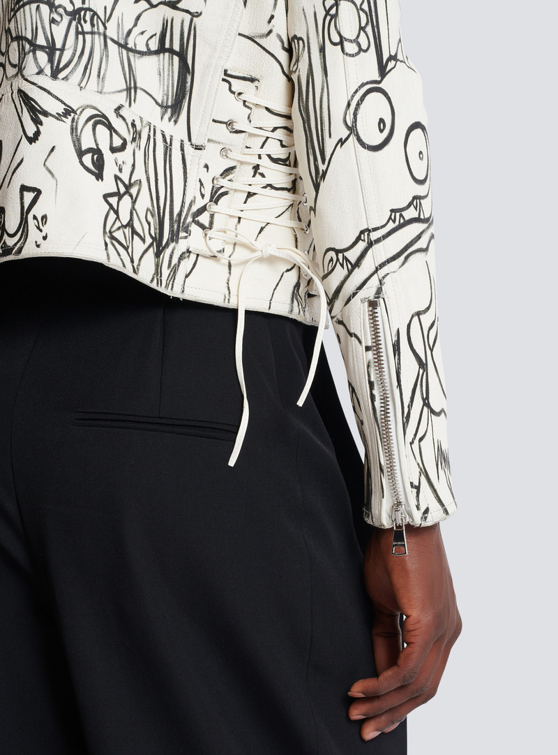 Disney x Balmain: The Lion King - Leather biker jacket with Enfant Précoce print 8