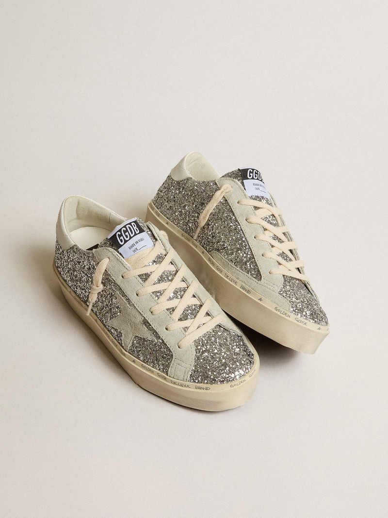 Golden Goose Hi Star in silver glitter with suede star and white heel tab outlook