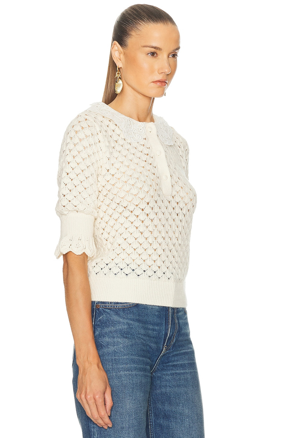 Silk Cotton Pointelle Short Sleeve Sweater - 2