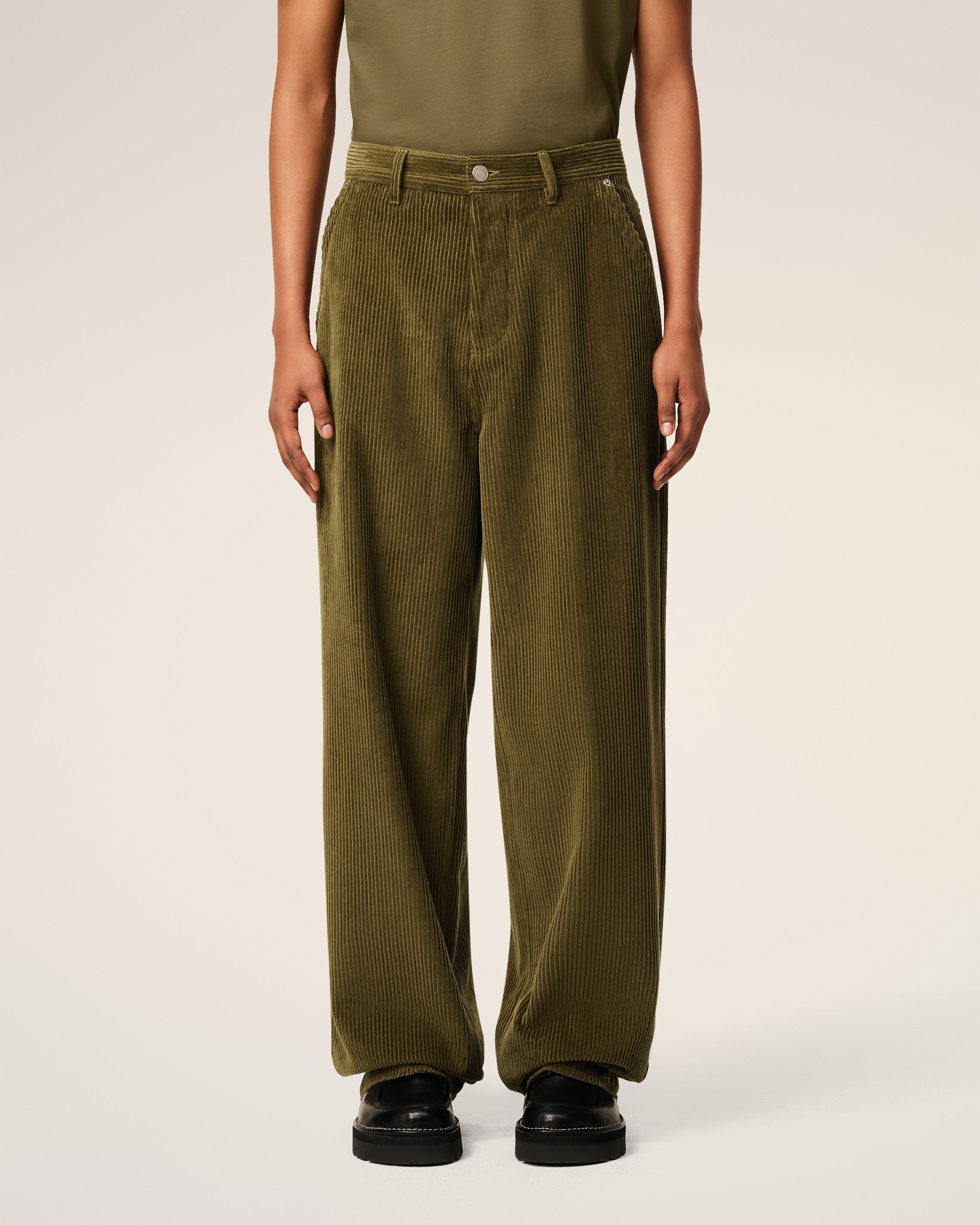 GREEN COTTON CORDUROY LARGE FIT TROUSERS - 3
