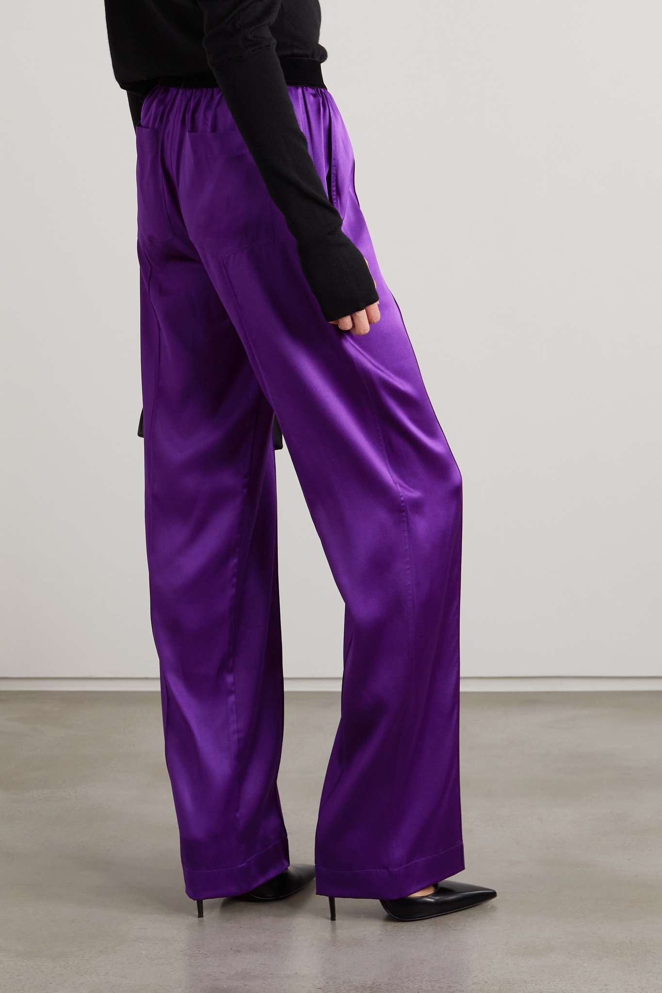Velvet-trimmed stretch-silk satin pants - 3
