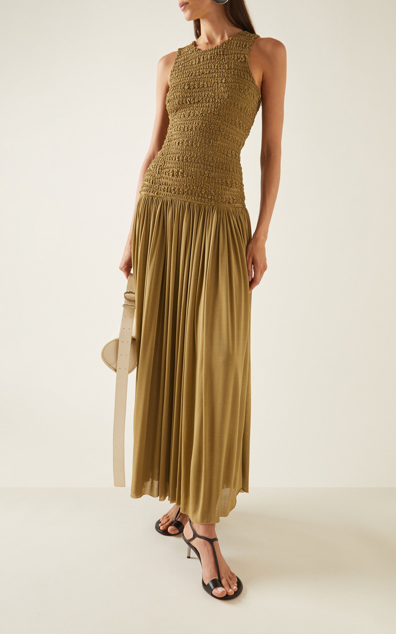 Jil Sander Smocked Drop-Waist Georgette Maxi Dress green outlook