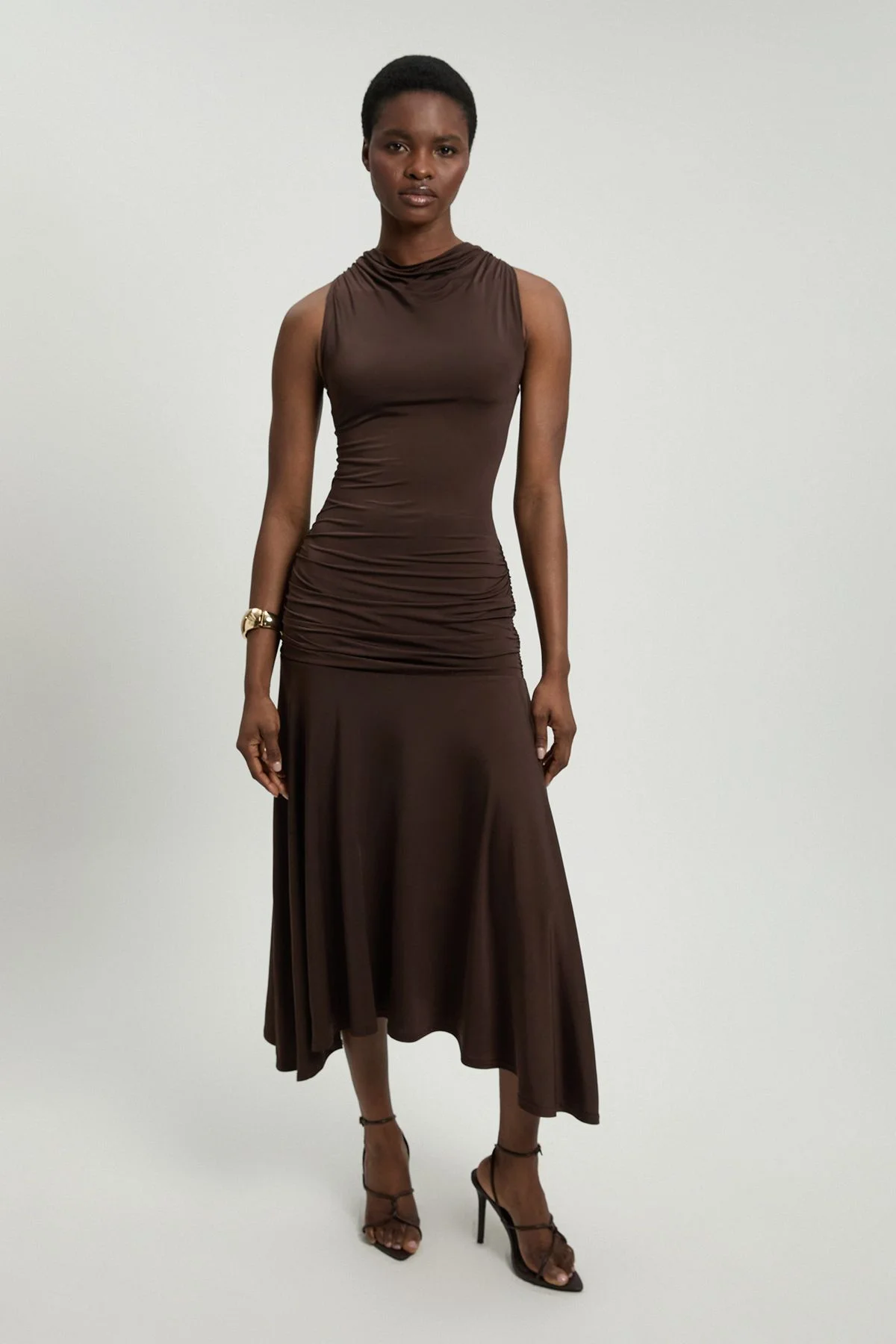 Stretch Drapey Crepe Ruched Hanky Hem Midi Dress - 1