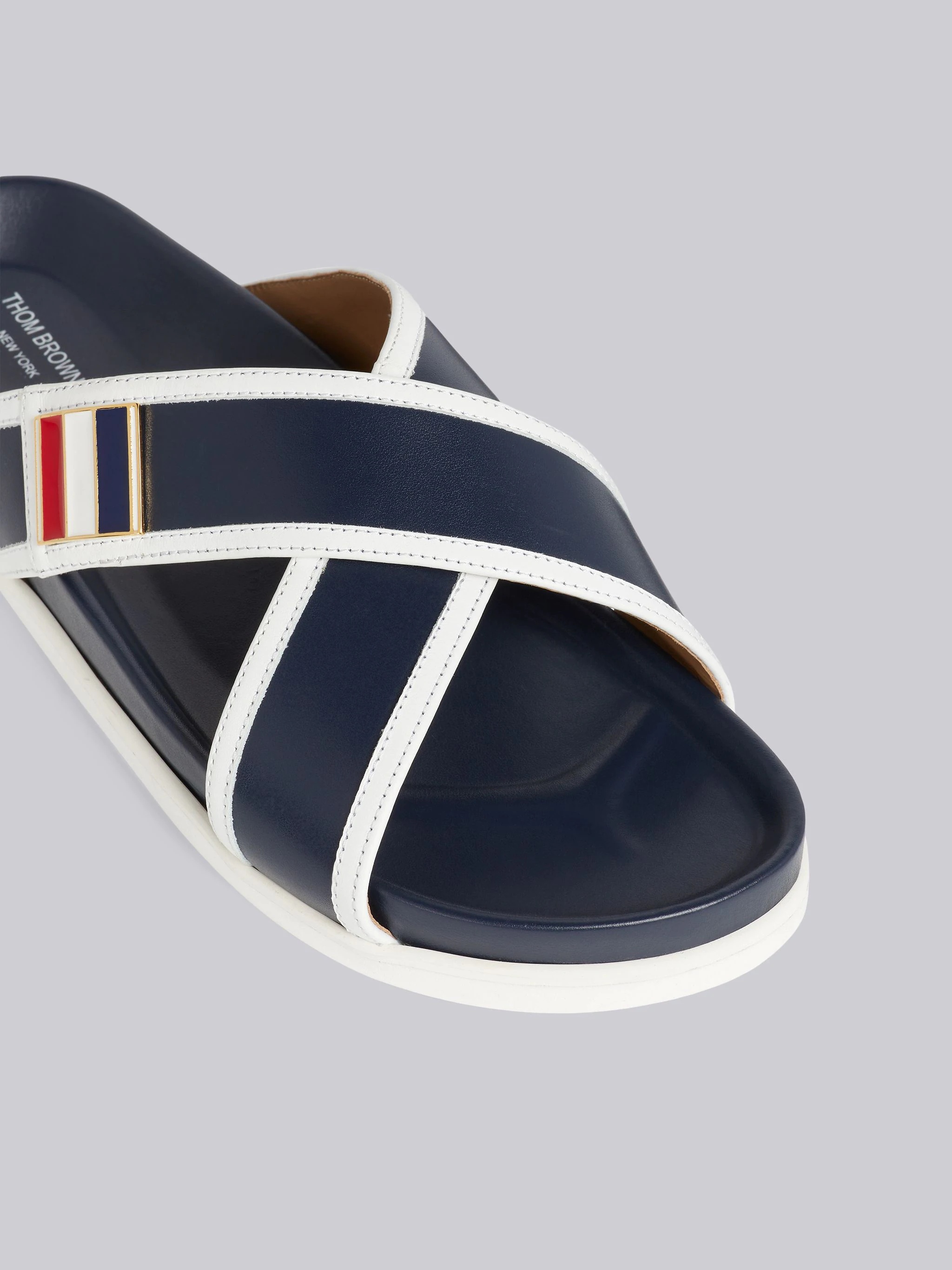 Navy Vitello Calf Leather Stripe Enamel Buckle Criss Cross Sandal - 2