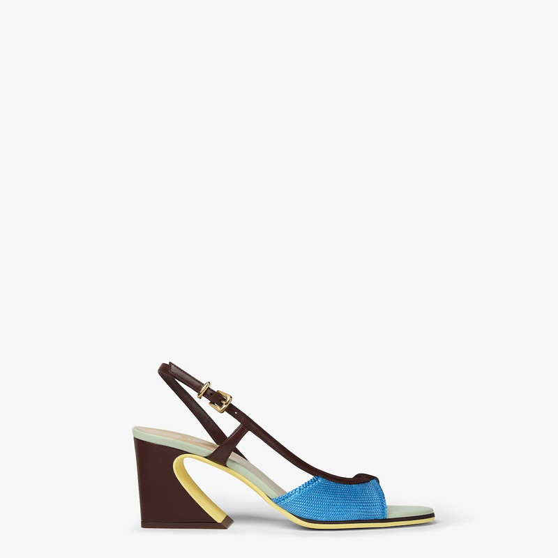 Fendi Arco Medium-heeled sandal in light blue knit and dark brown nappa leather. 1