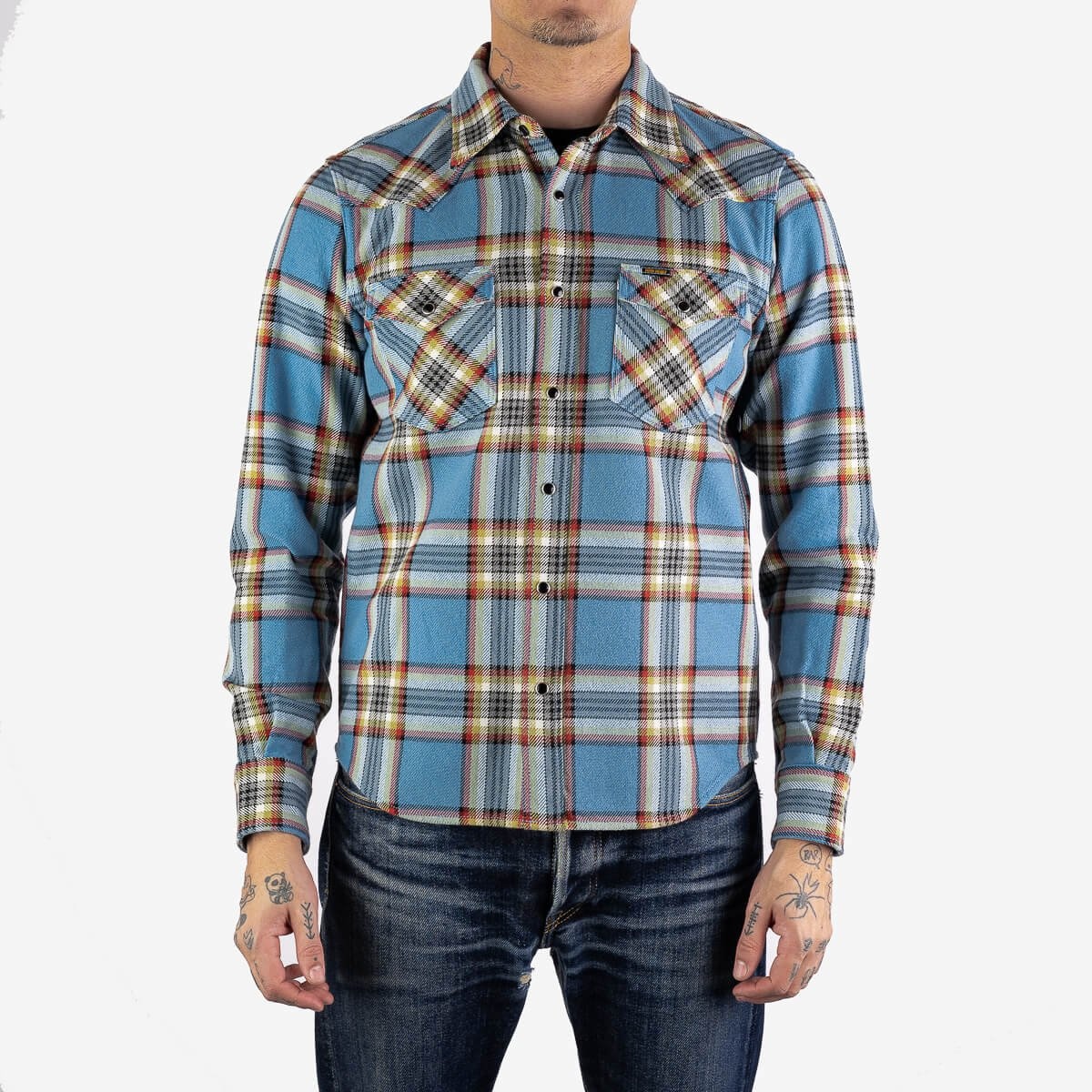 IHSH-332-SAX Ultra Heavy Flannel Anniversary Check Western Shirt - Sax Blue Overdyed Pale Grey - 2