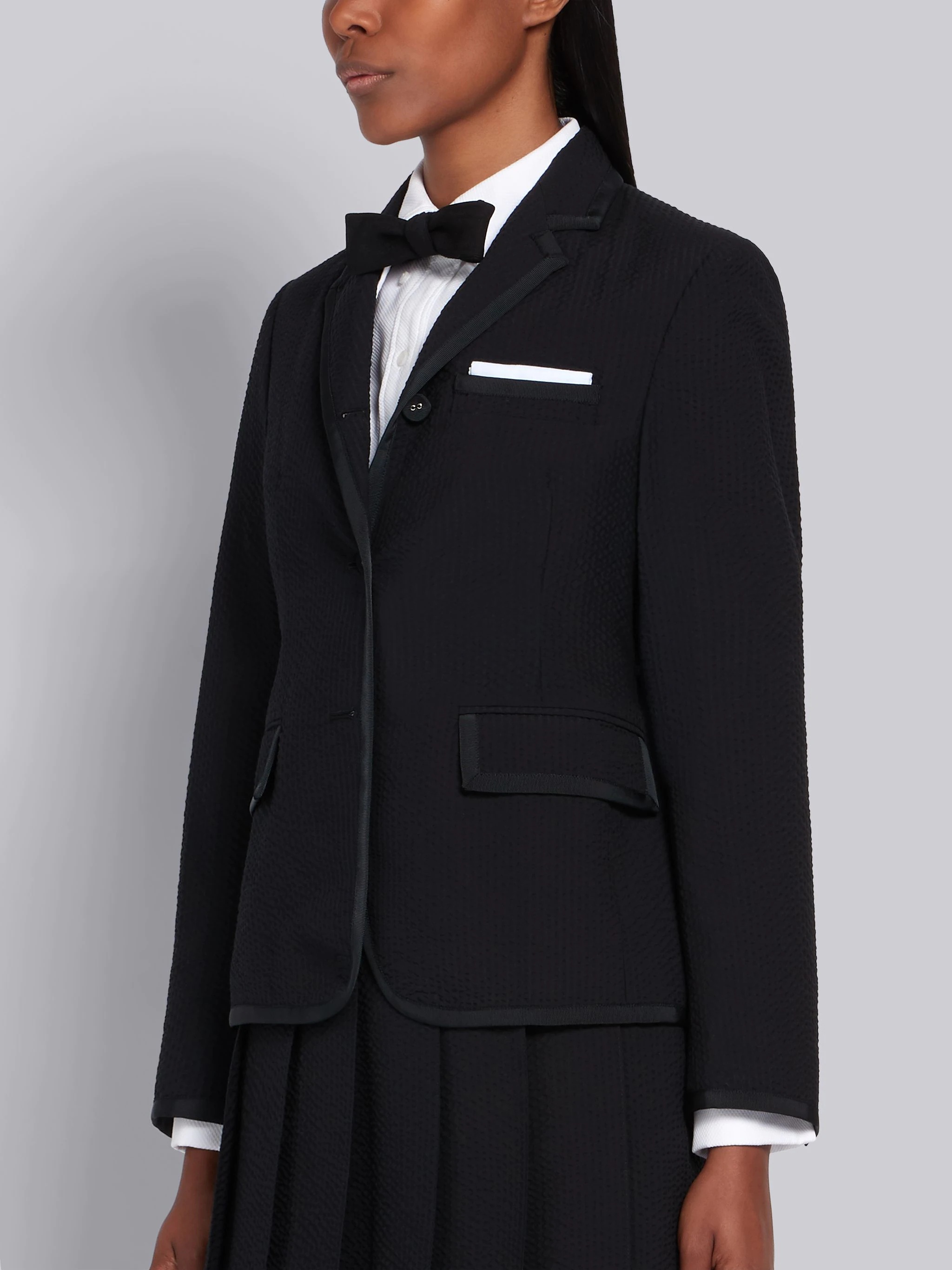 Black Wool Seersucker Grosgrain Tipping Classic Jacket - 2