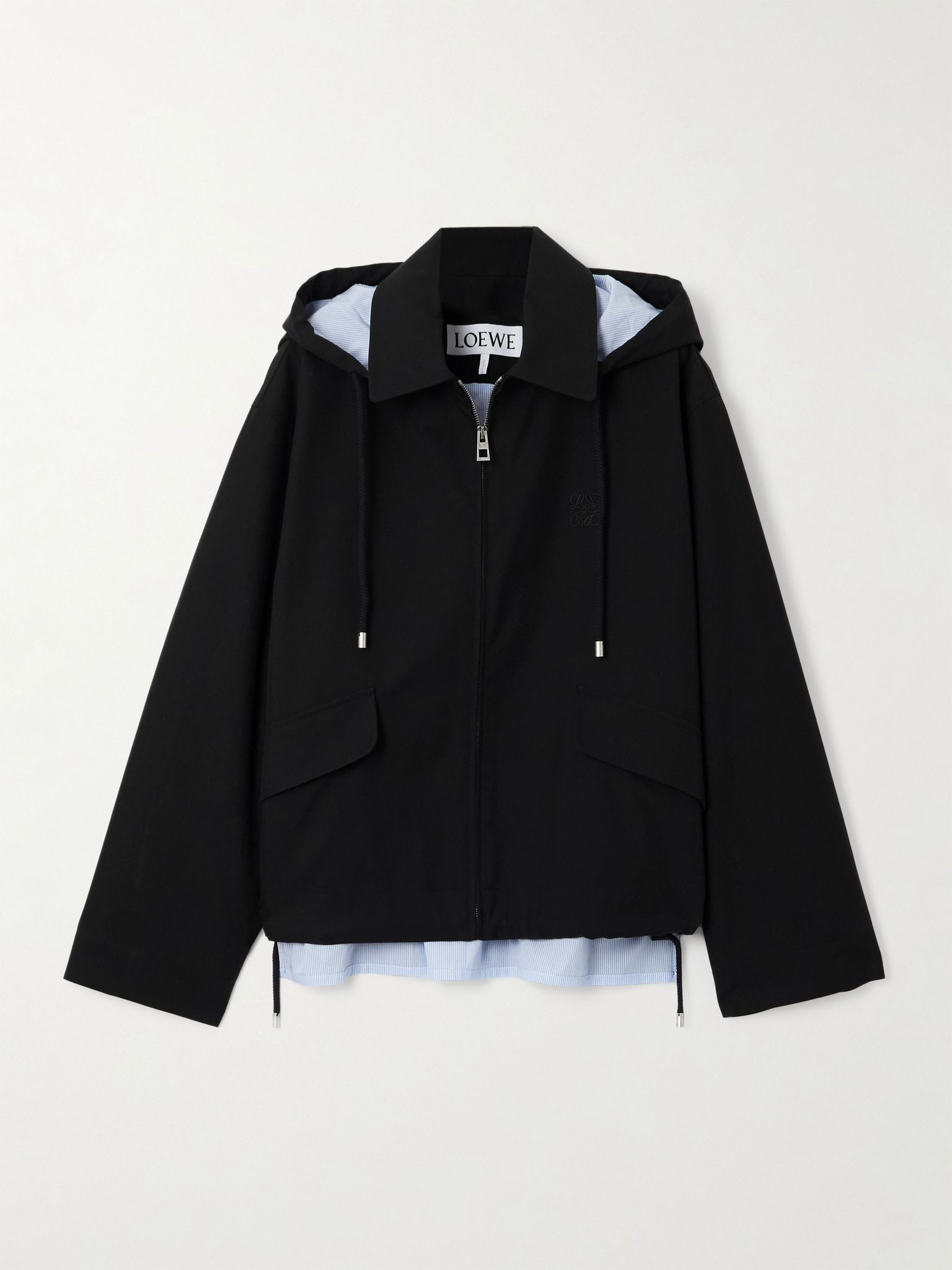 Hooded striped poplin-paneled embroidered cotton-twill jacket Black - 1