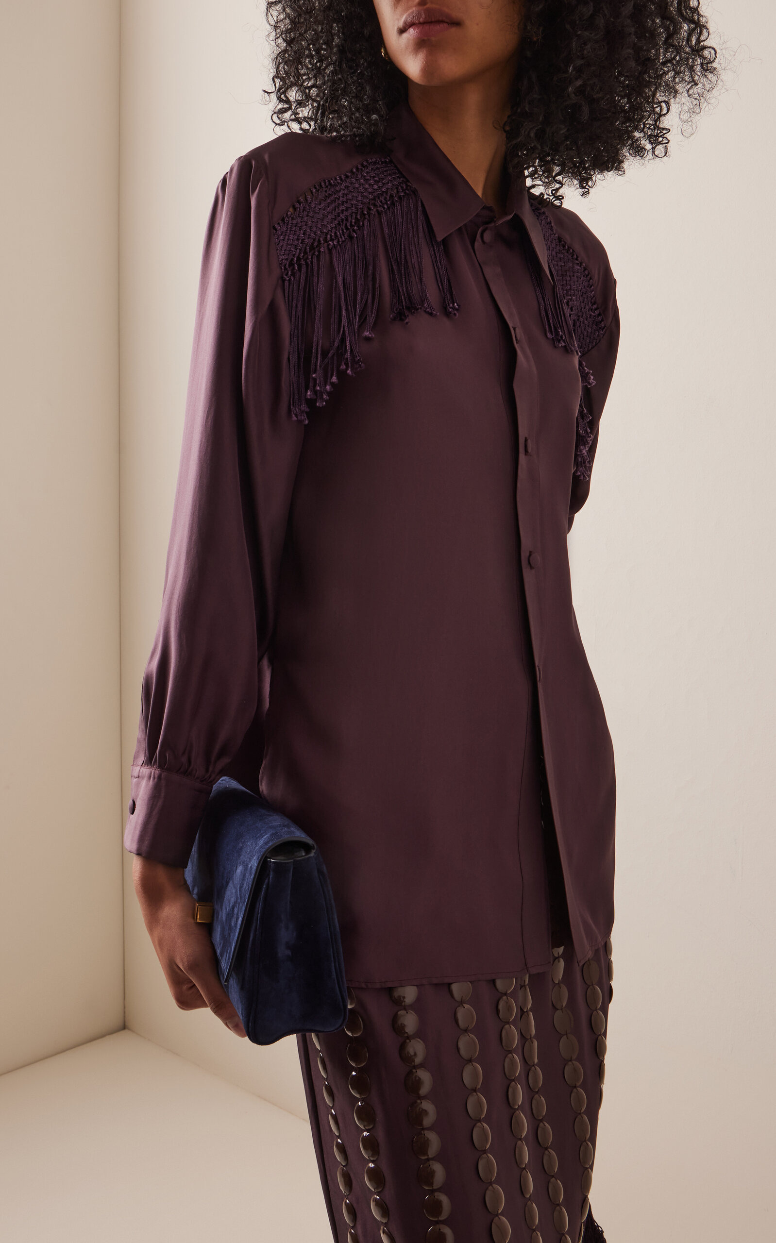 Epaullette Embellished Silk Twill Shirt berry - 2