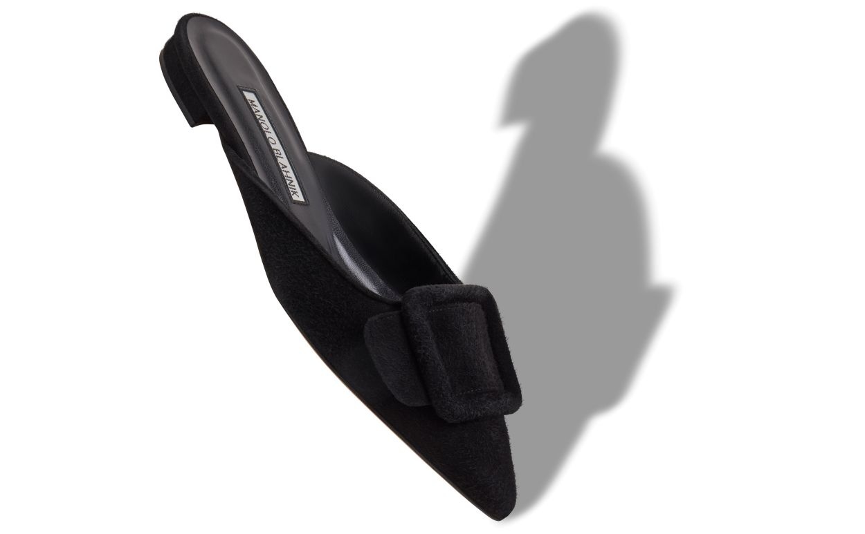 Black Suede Buckle Detail Flat Mules - 2