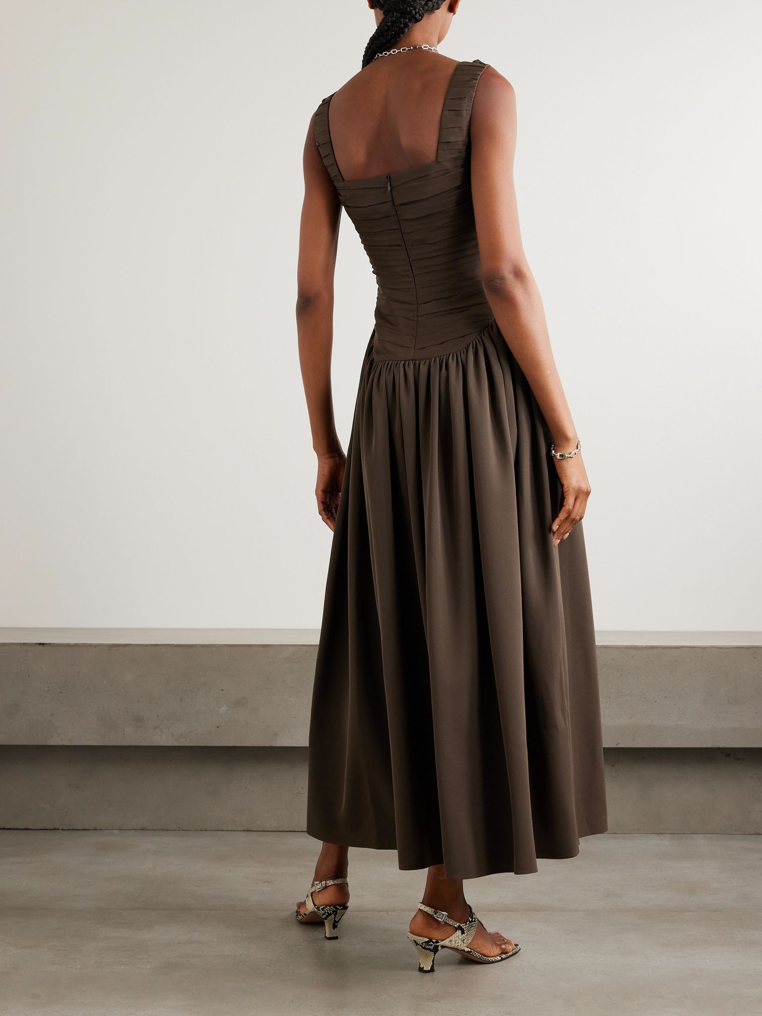 Kaia ruched gathered chiffon and twill midi dress Brown - 3