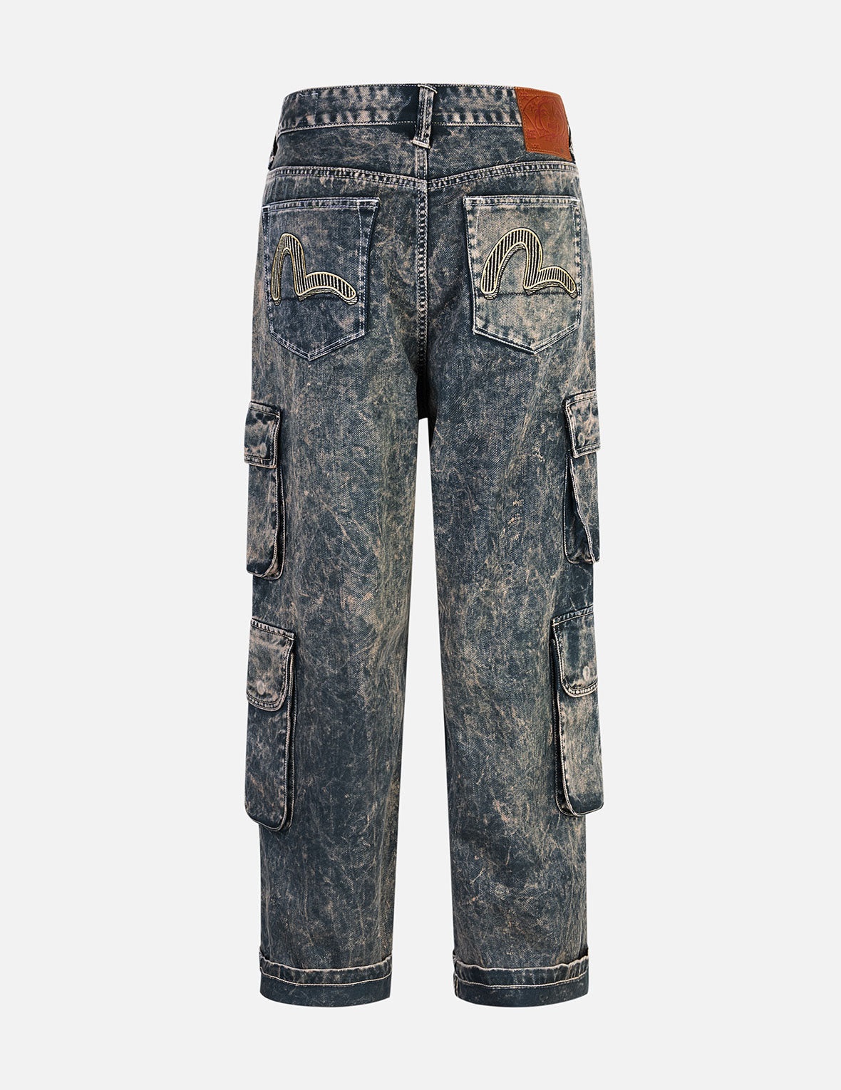 Seagull Print and Multi-Pockets Acid Wash Baggy Cargo Jeans - 12