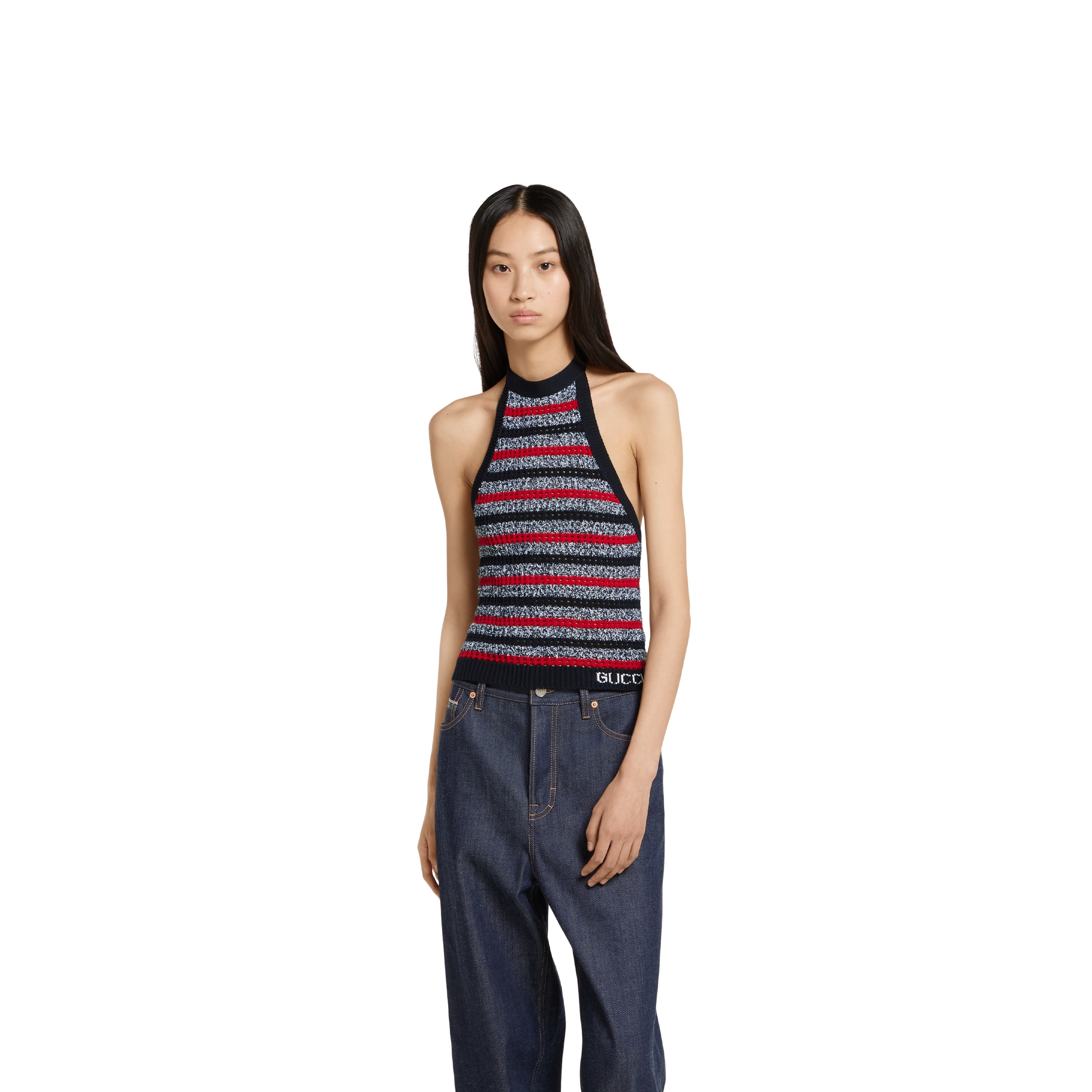Striped fine cotton knit halterneck top - 3