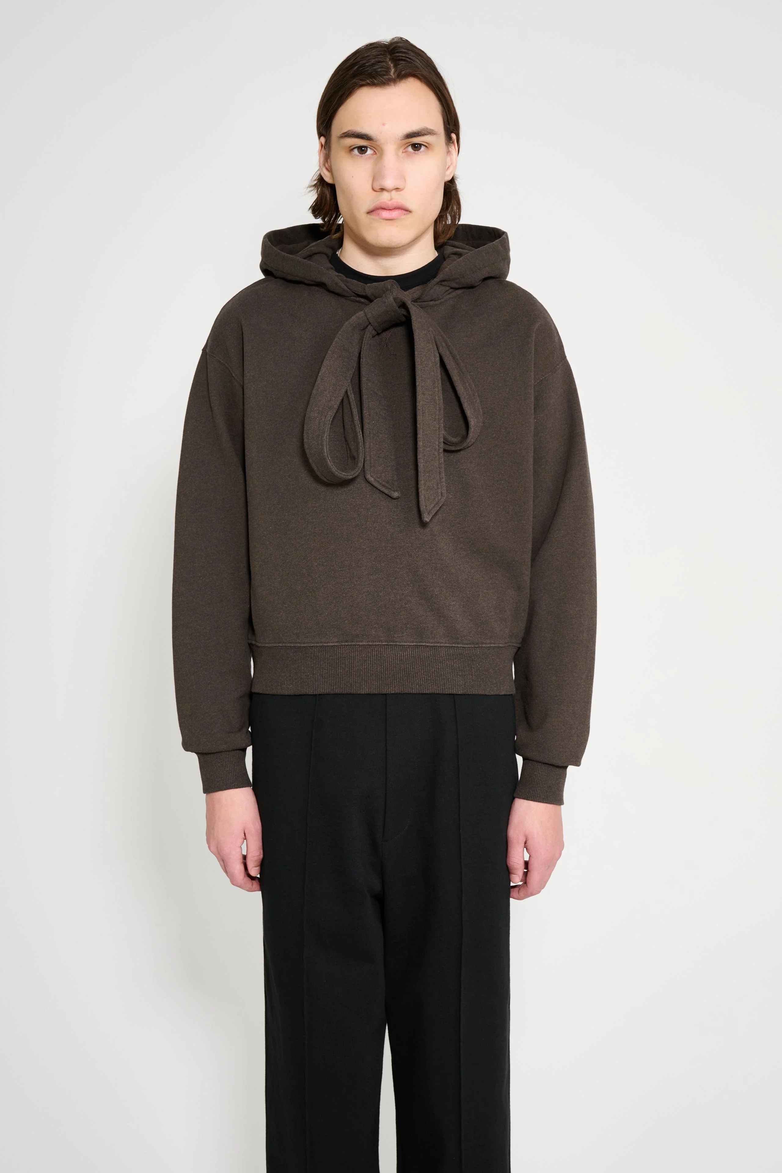 JW ANDERSON TIED BOW HOODIE DARK BROWN MELANGE - 1