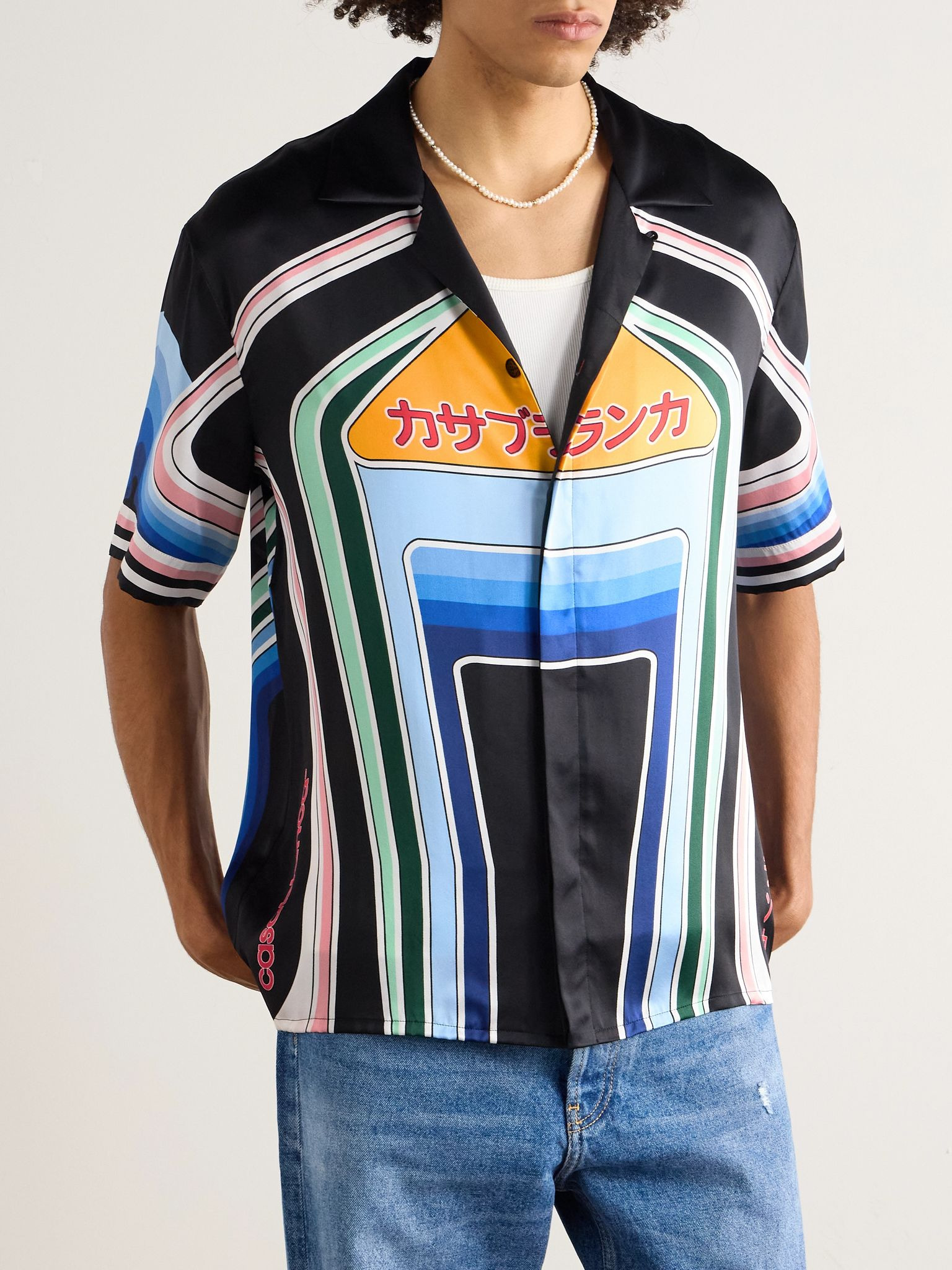 Graphic Mountain Convertible-Collar Logo-Print Silk-Satin Shirt Black - 3