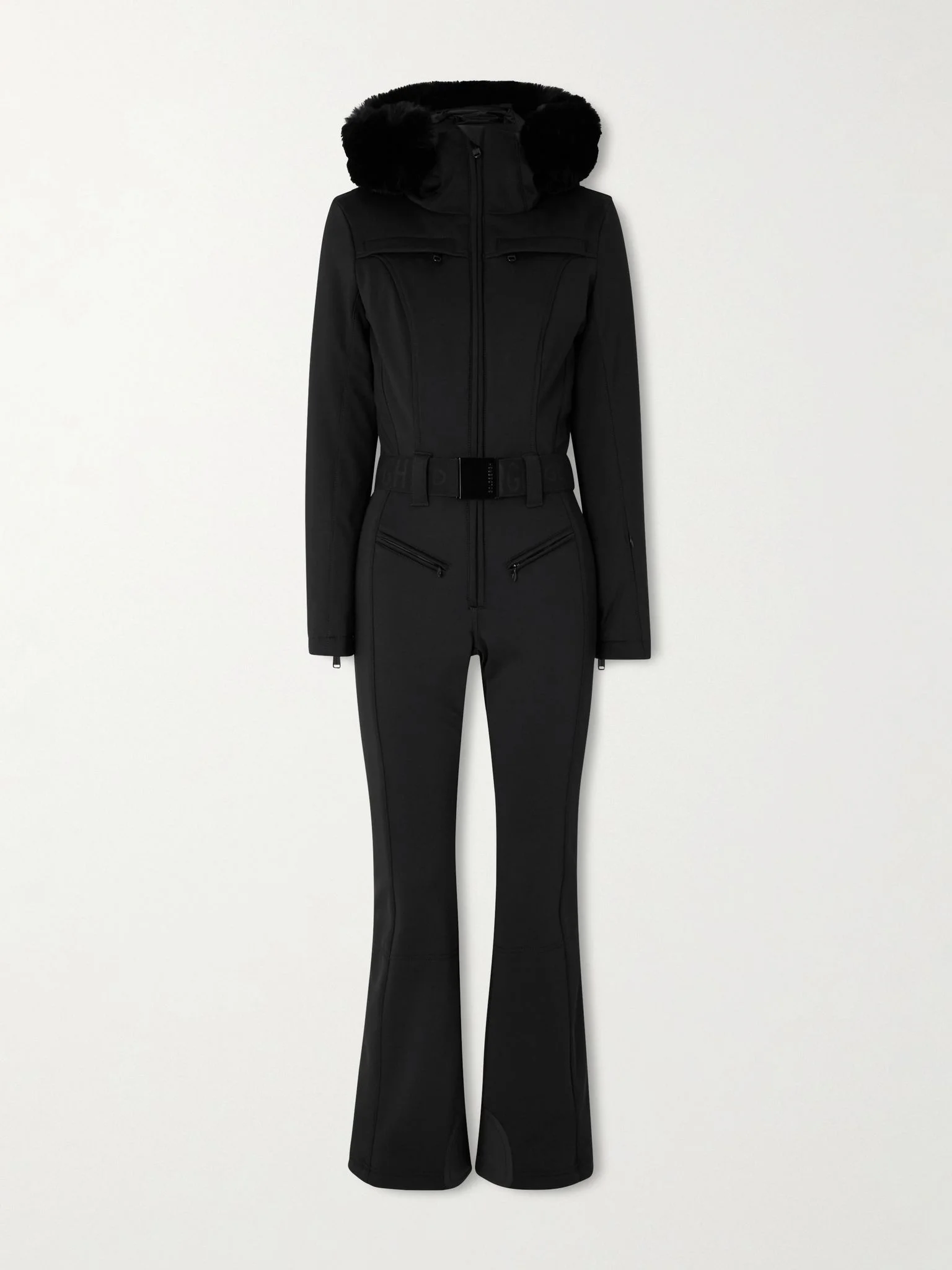 Parry hooded belted plush-trimmed ski suit Black - 1