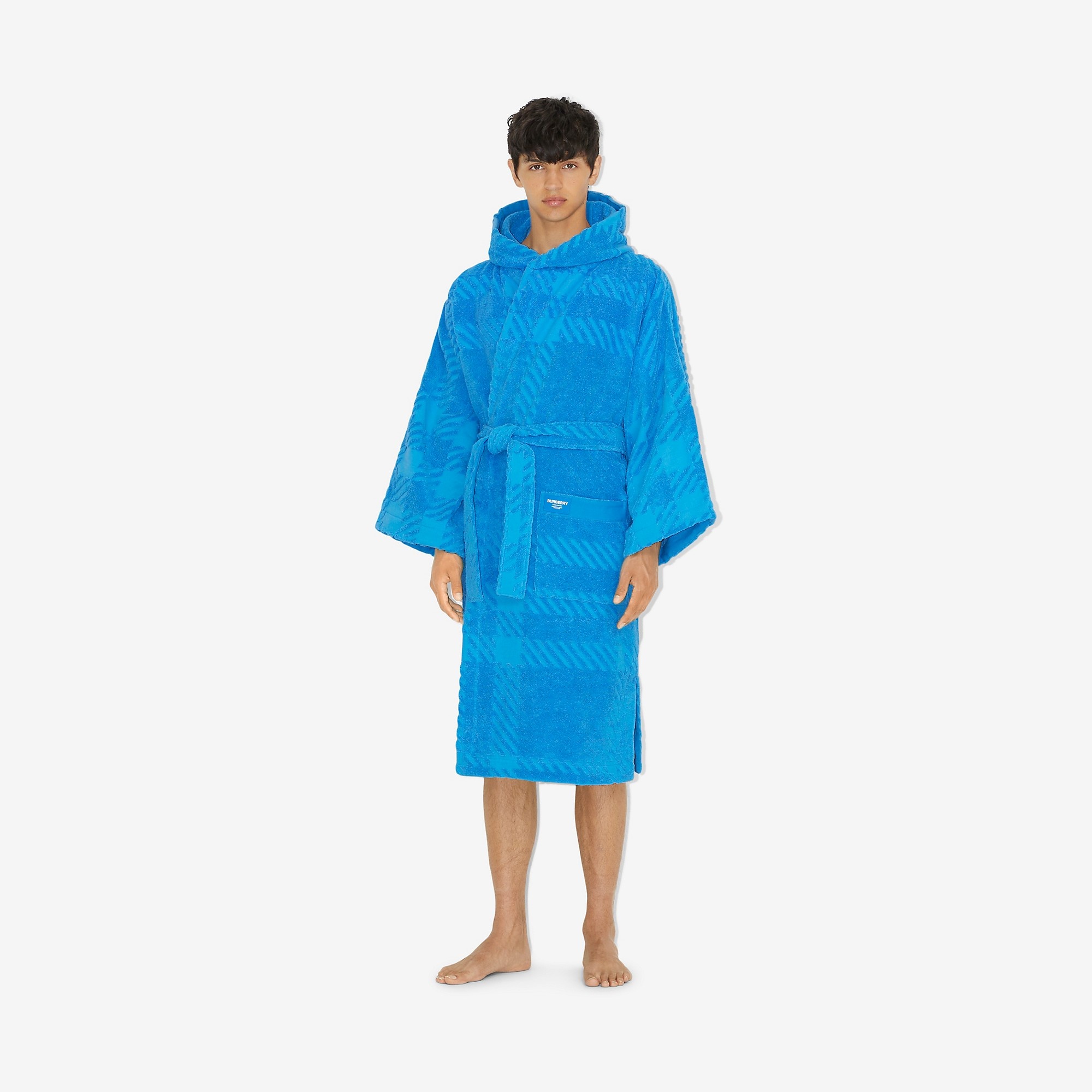Check Cotton Jacquard Hooded Robe - 5