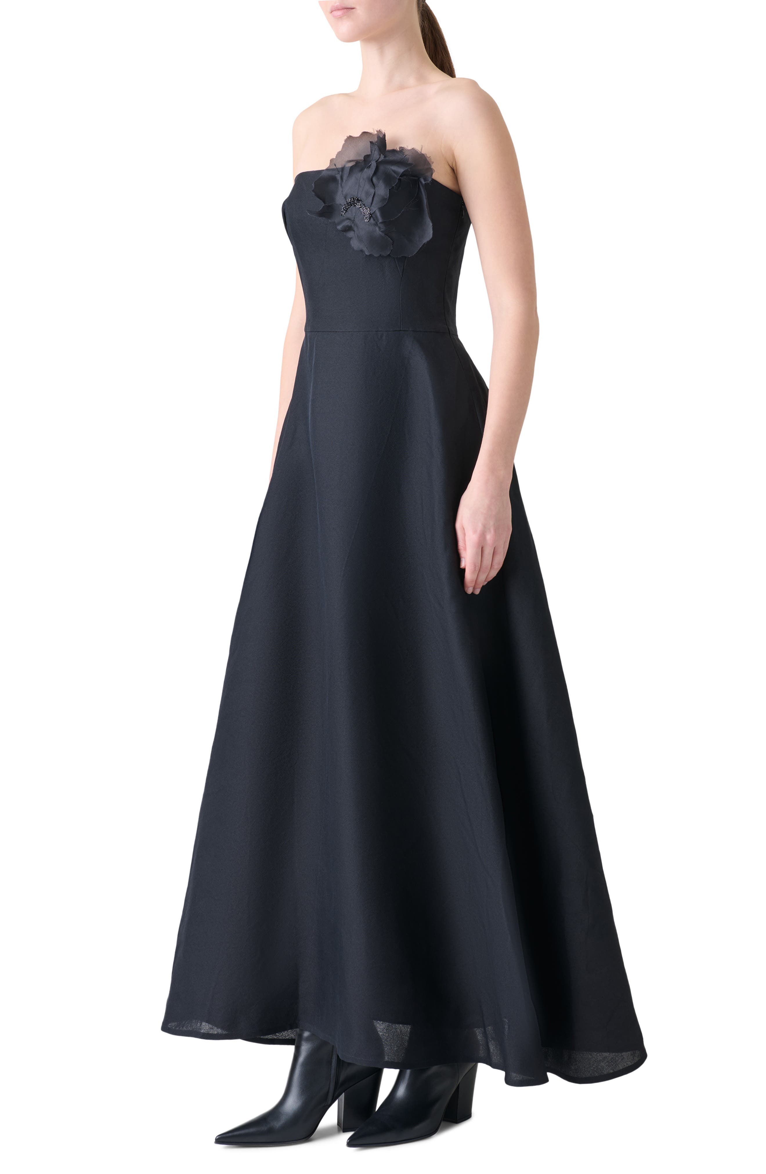 Akris Corsage Flower Strapless Silk Maxi Dress in Black at Nordstrom - 3