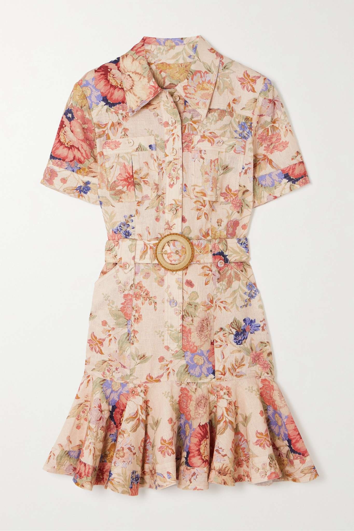 August belted ruffled floral-print linen mini dress - 1