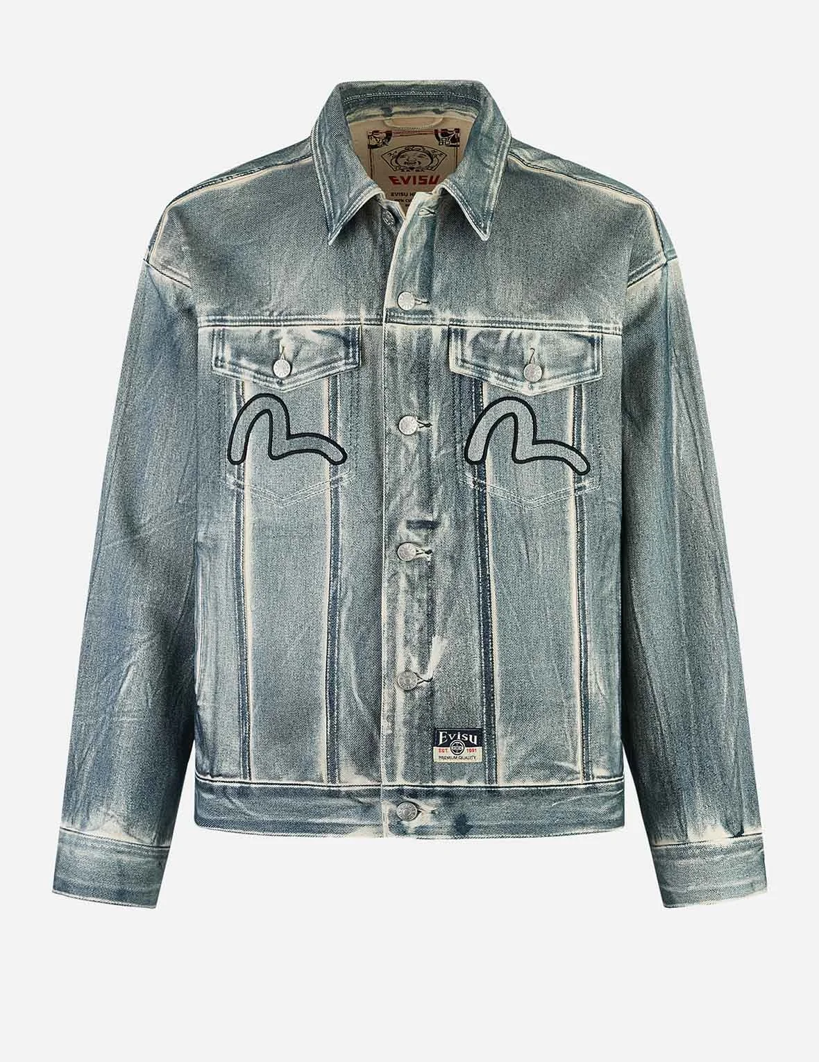 KAMON AND SEAGULL APPLIQUÉ WITH RUBBING PRINT FASHION FIT DENIM JACKET - 1