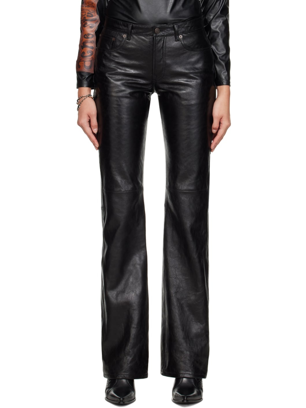 Black Paneled Leather Pants - 1
