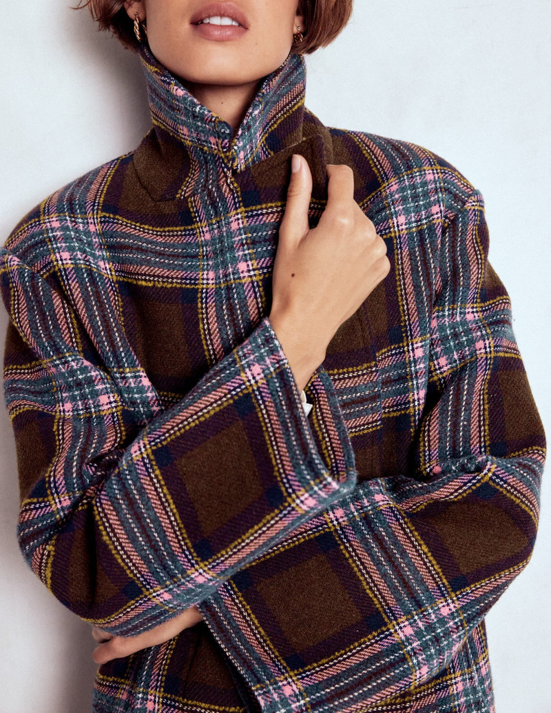 Cocoon Wool Coat-Brown, Teal and Pink Check 4