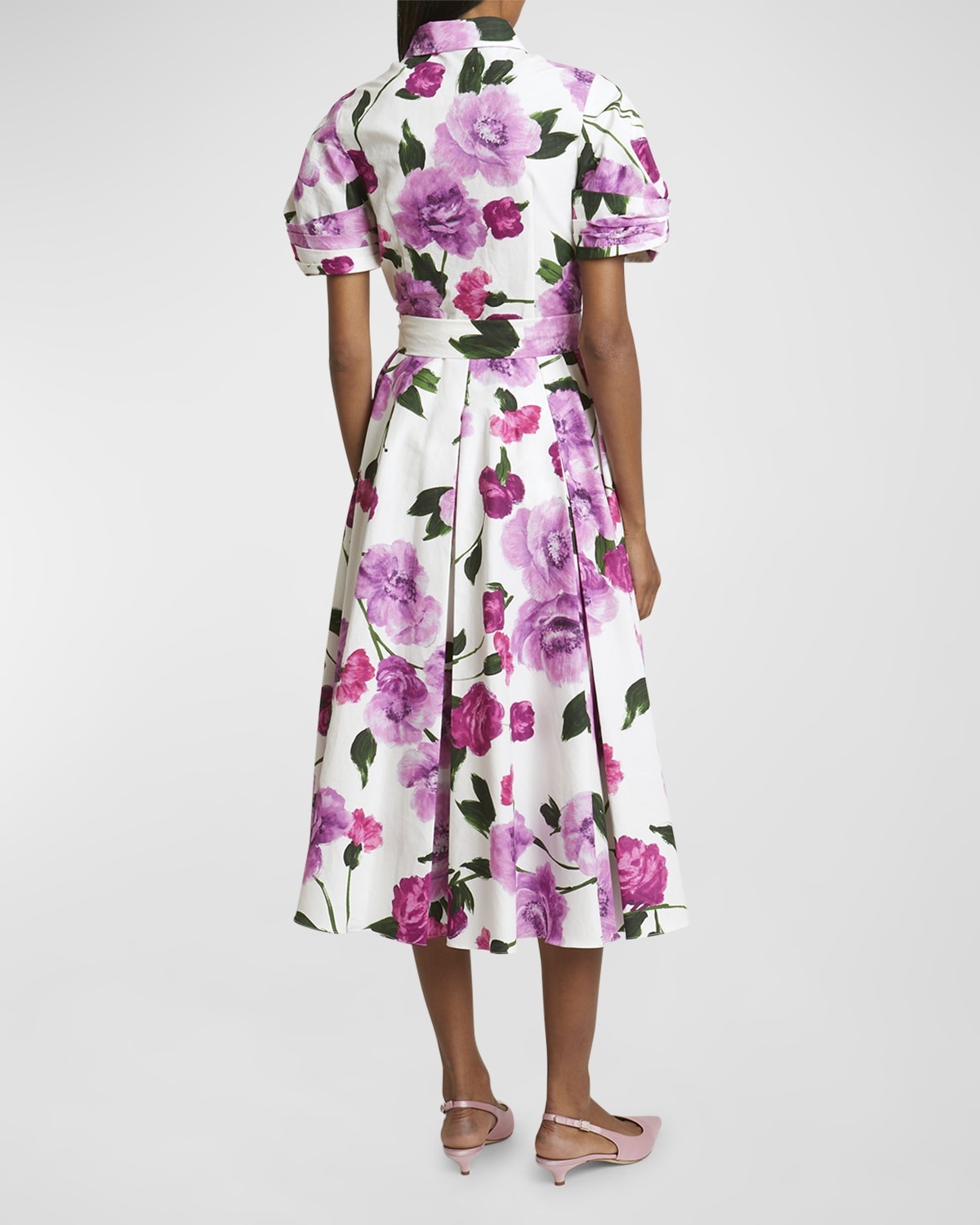 Belted Floral Cotton Short-Sleeve Midi Shirtdress - 6