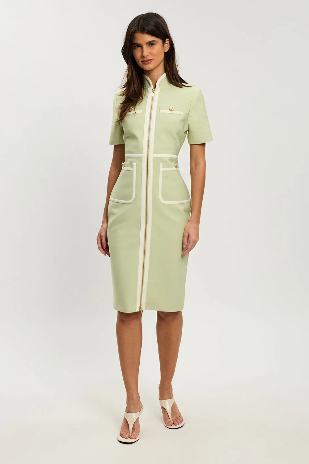 Petite Figure Form Bandage Knit Piping Detail Short Sleeve Military Midi Dress - 1