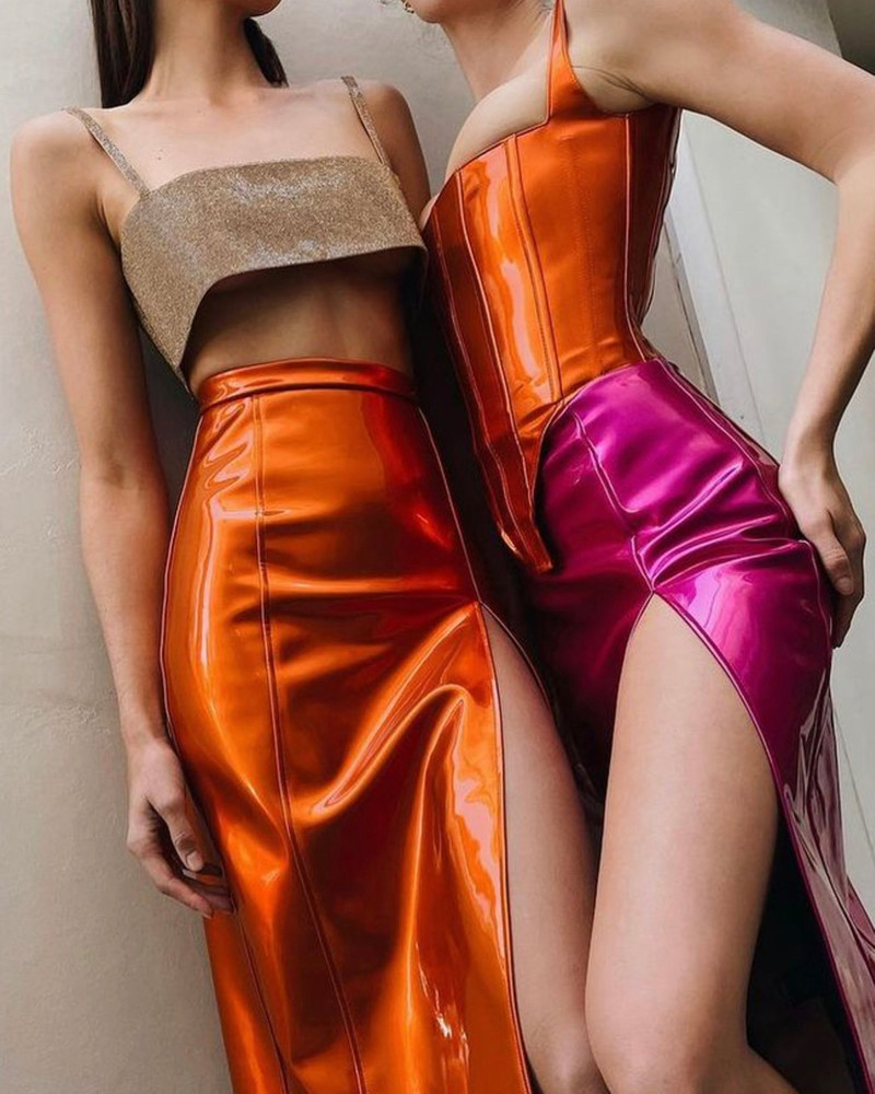 LaQuan Smith High-Waisted Patent-Vinyl Midi Skirt outlook