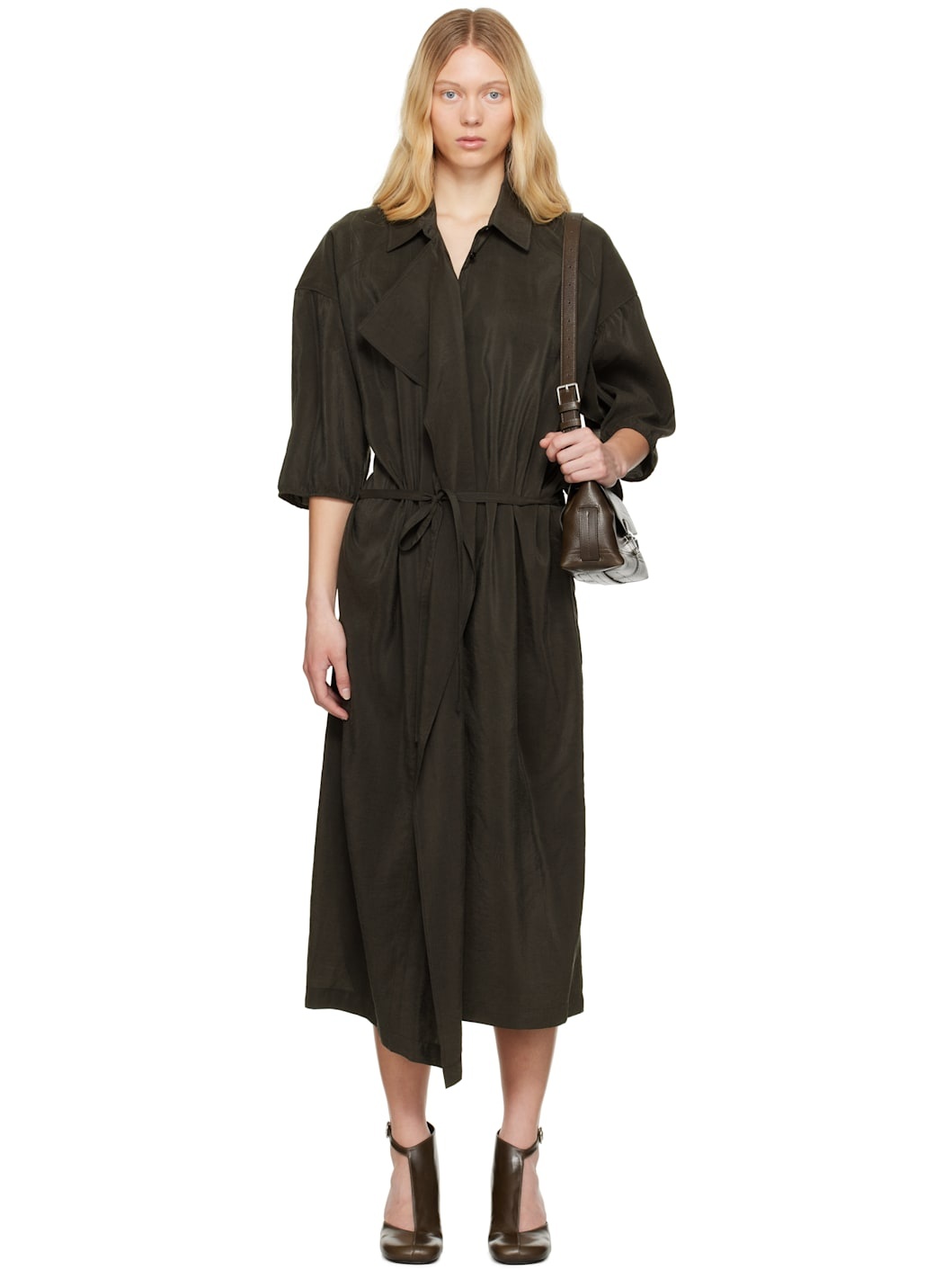 Brown Asymmetrical Shirt Midi Dress - 1