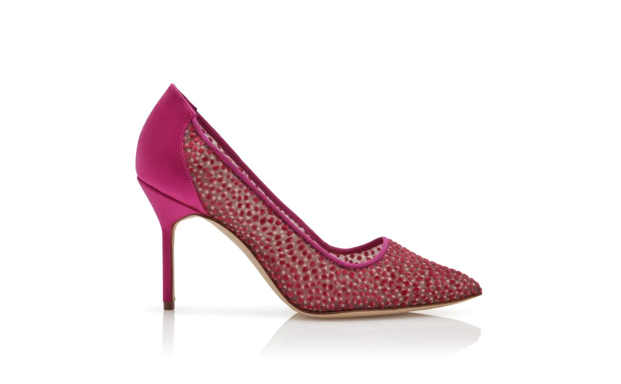 Pink Flocked Tulle Pointed Toe Pumps - 1