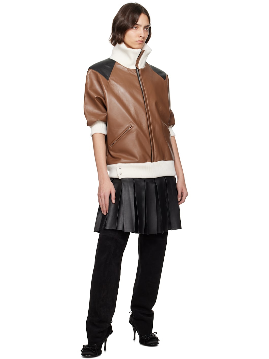 Brown & Black Leather Bomber Minidress - 4