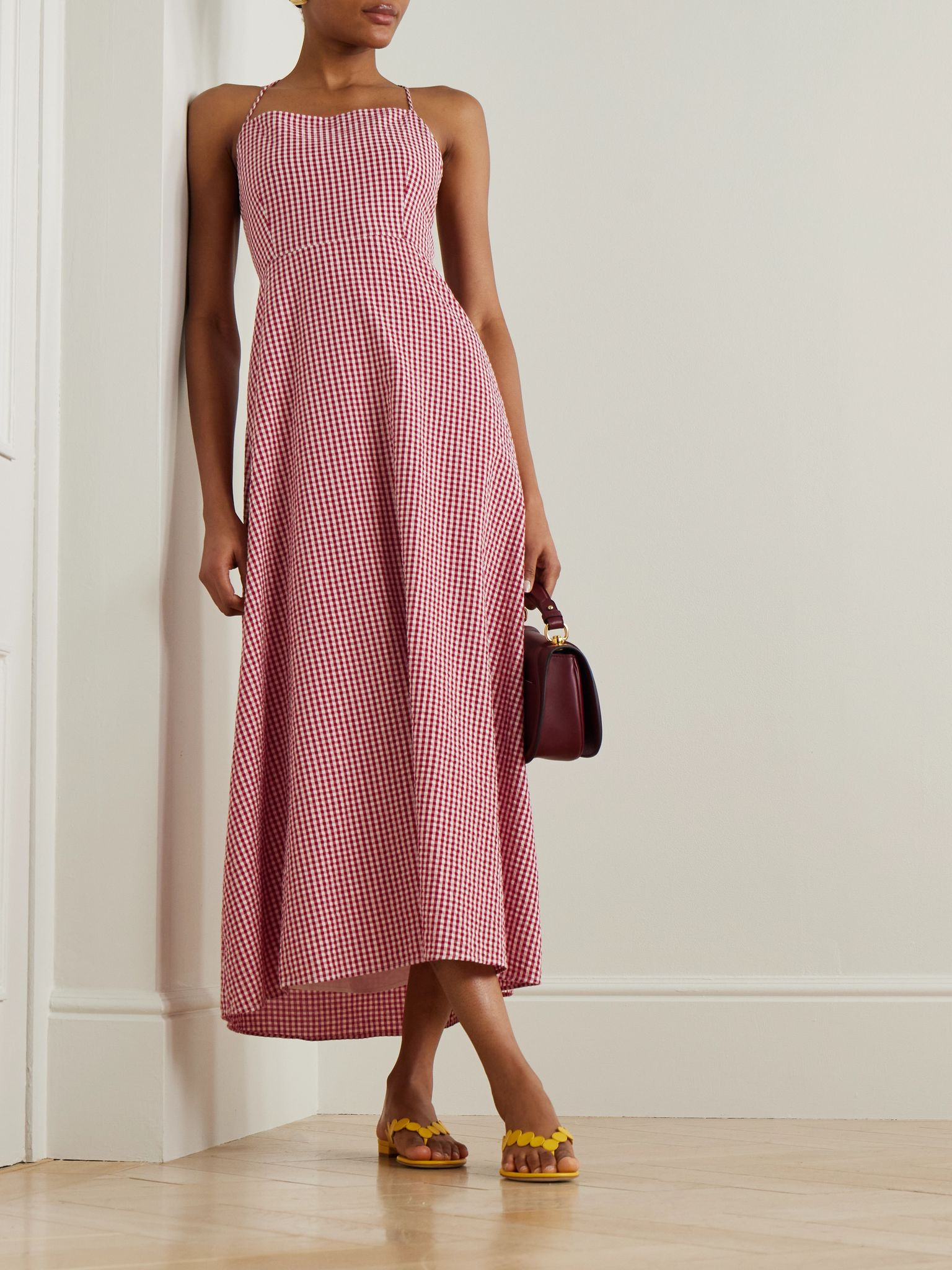 Lori open-back gingham cotton-seersucker maxi dress Red - 2