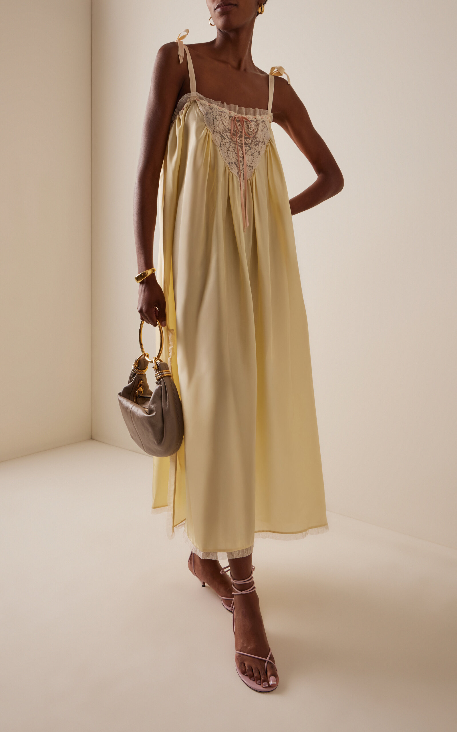 Lace-Trimmed Silk Habotai Maxi Dress yellow - 2