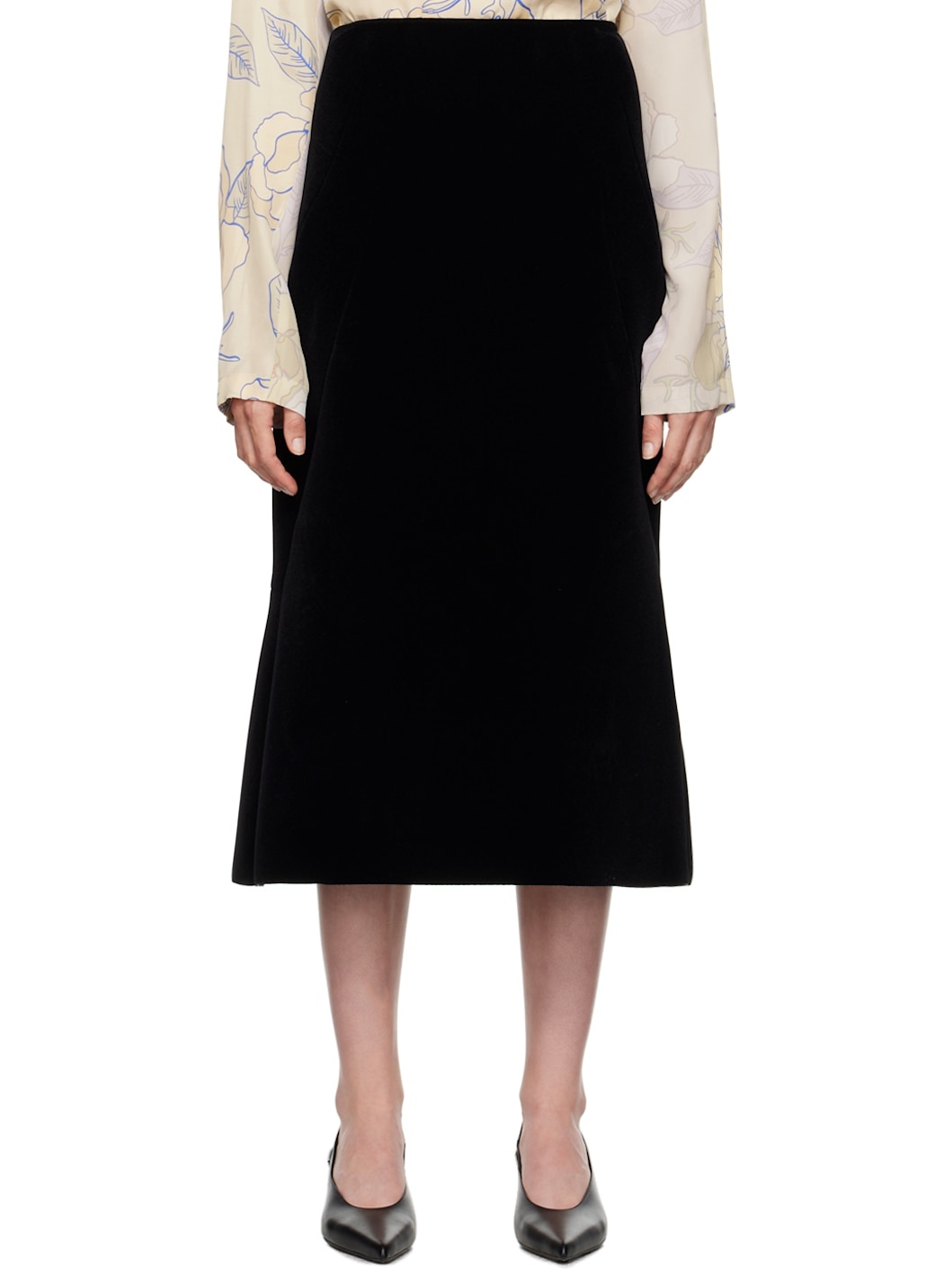 Black Velvet Tailored Midi Skirt - 1