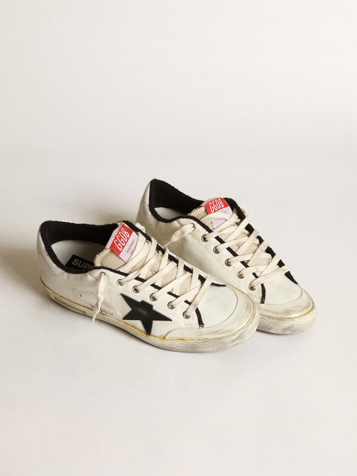 Women’s Super-Star LTD sneakers in beige canvas with black leather star and white leather heel tab - 2