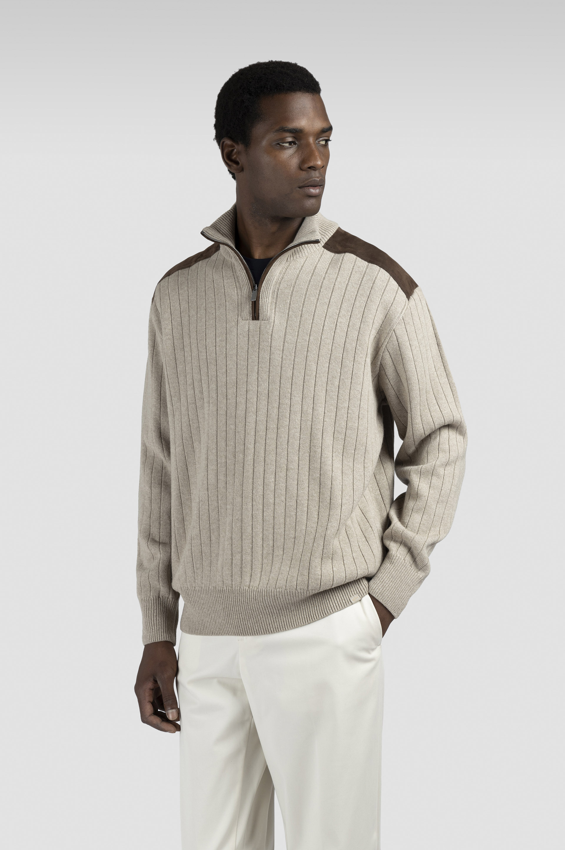 WOOL CASHMERE HALF ZIP SWEATER WITH SUEDE DETAILS - 6