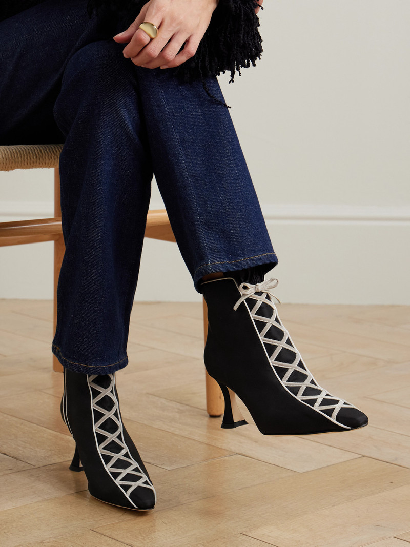 Manolo Blahnik Nolhac 70 Ruffled Velvet-trimmed Silk Ankle Boots outlook