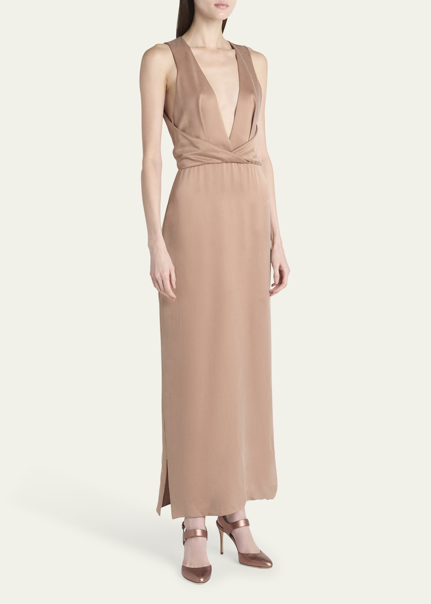 Long Crossover Back Slit Silk Dress - 4