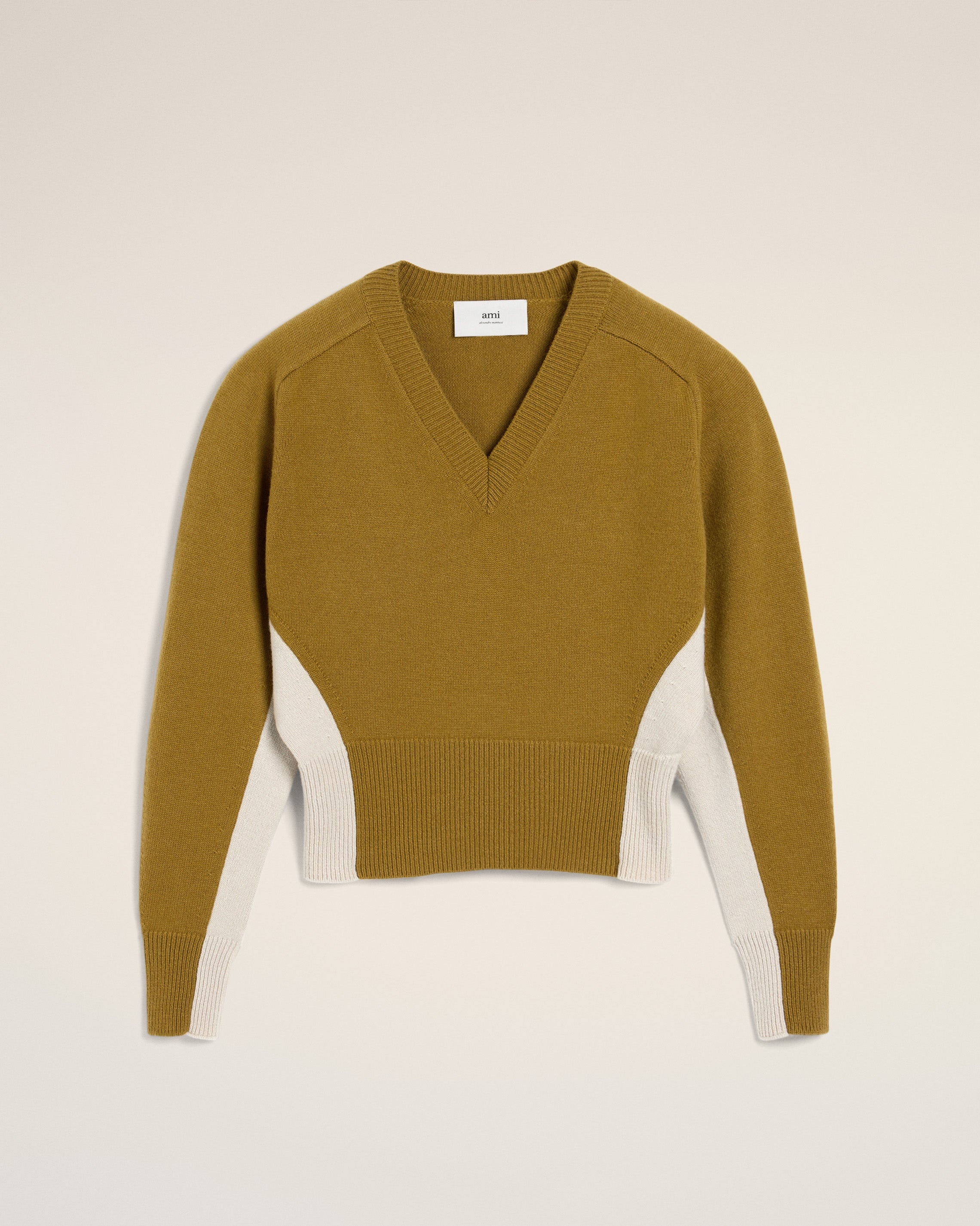 KHAKI WOOL KNIT BICOLOR V NECK SWEATER - 1