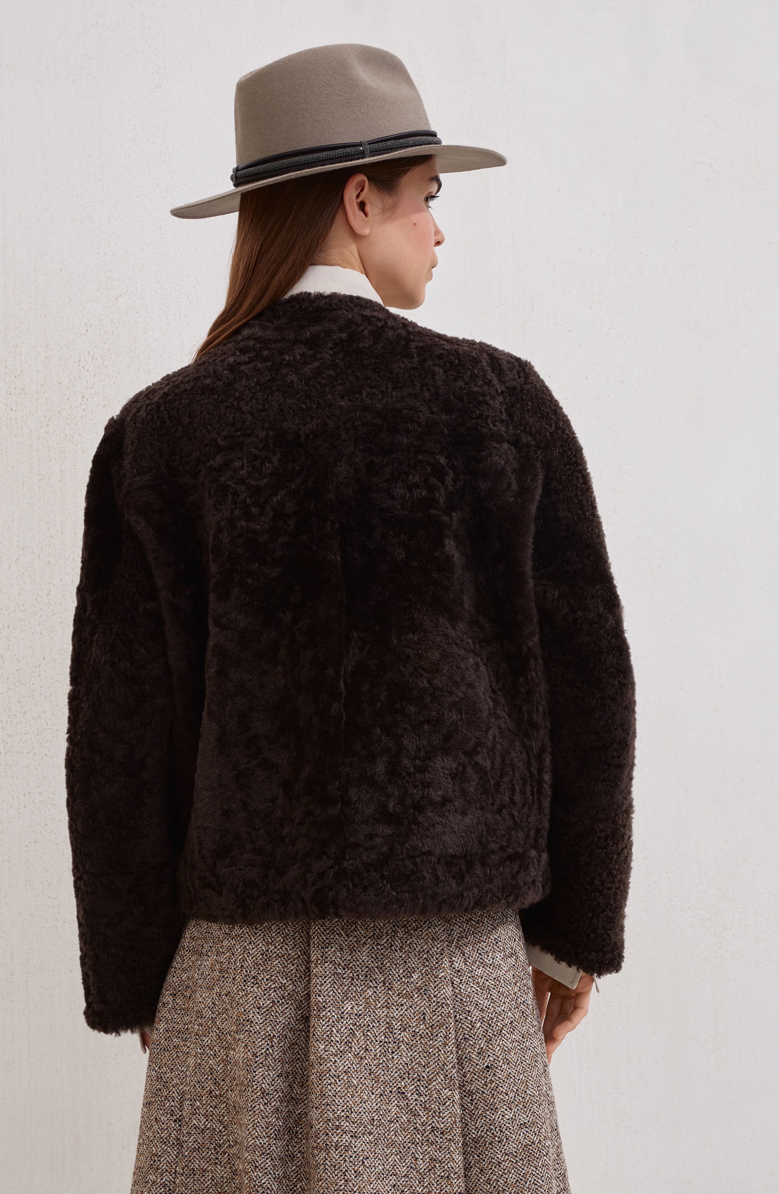 Brunello Cucinelli Fuzzy shearling cropped pea coat in Rust Brown at Nordstrom - 3