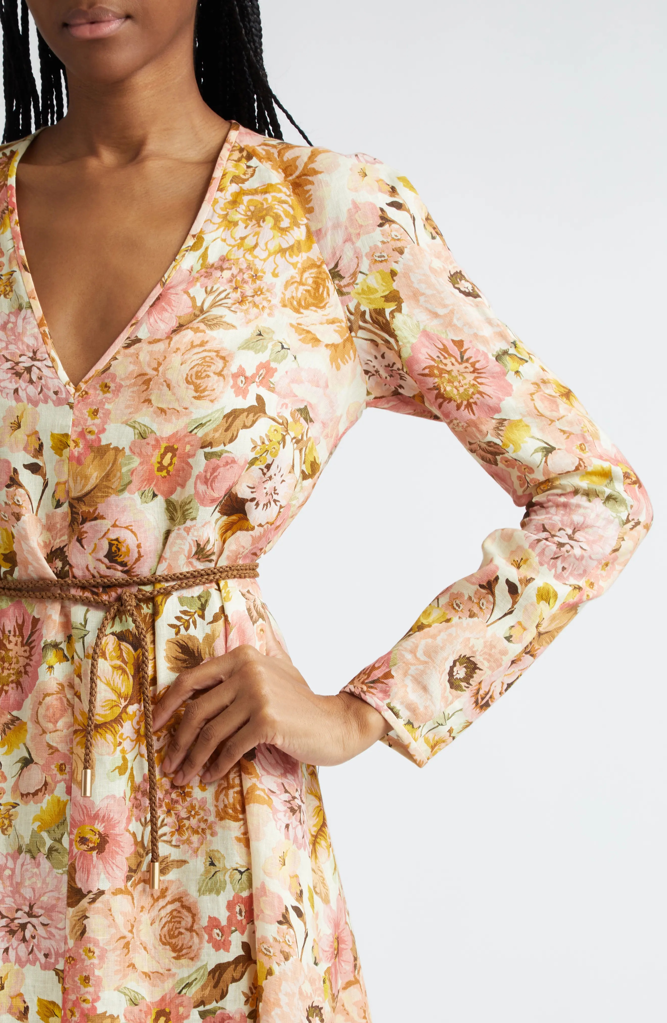 Golden Floral Print Long Sleeve Linen Maxi Dress - 4