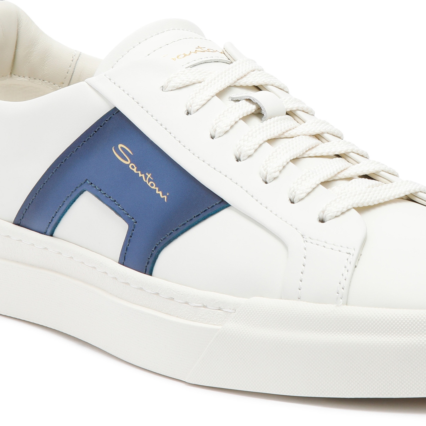 Men’s white and blue leather double buckle sneaker - 6